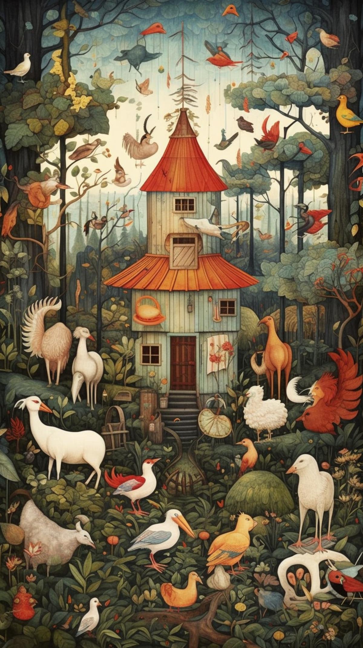 Said country, many different animals, sun, forest, hut on chicken legs, unicorn