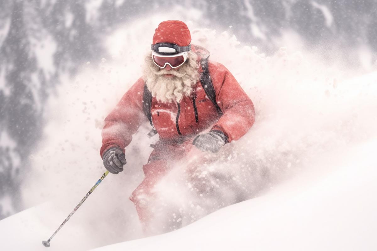 Santa Claus skiing. Mountains, blizzard, a lot of snow, extreme!