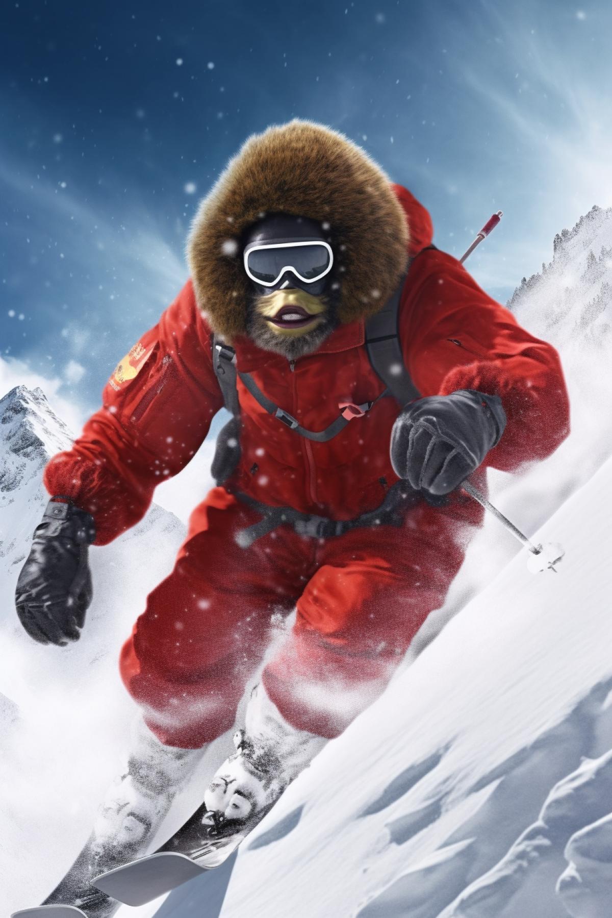 a real gorilla skiing, in a red ski suit and goggles, descending from a snowy mountain on a steep turn, photorealism