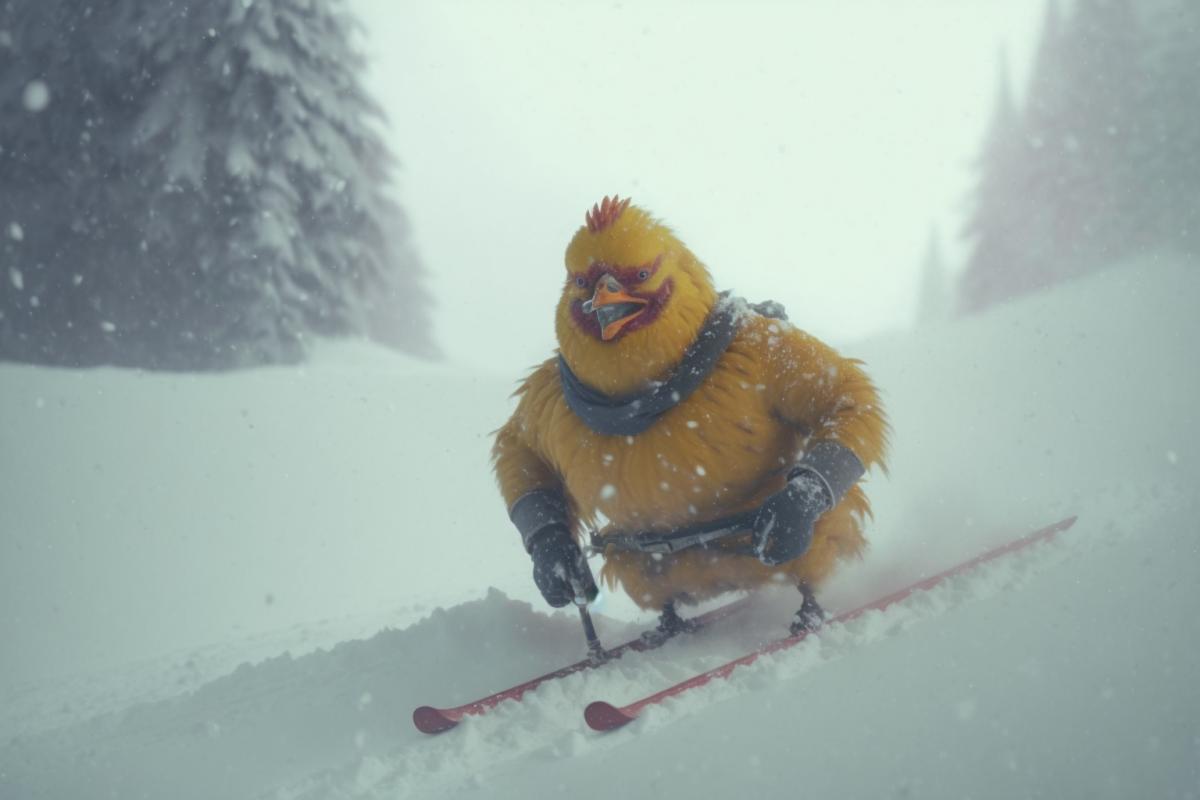 Chicken skiing on a snowy slope, snowstorm in the mountains, film grain