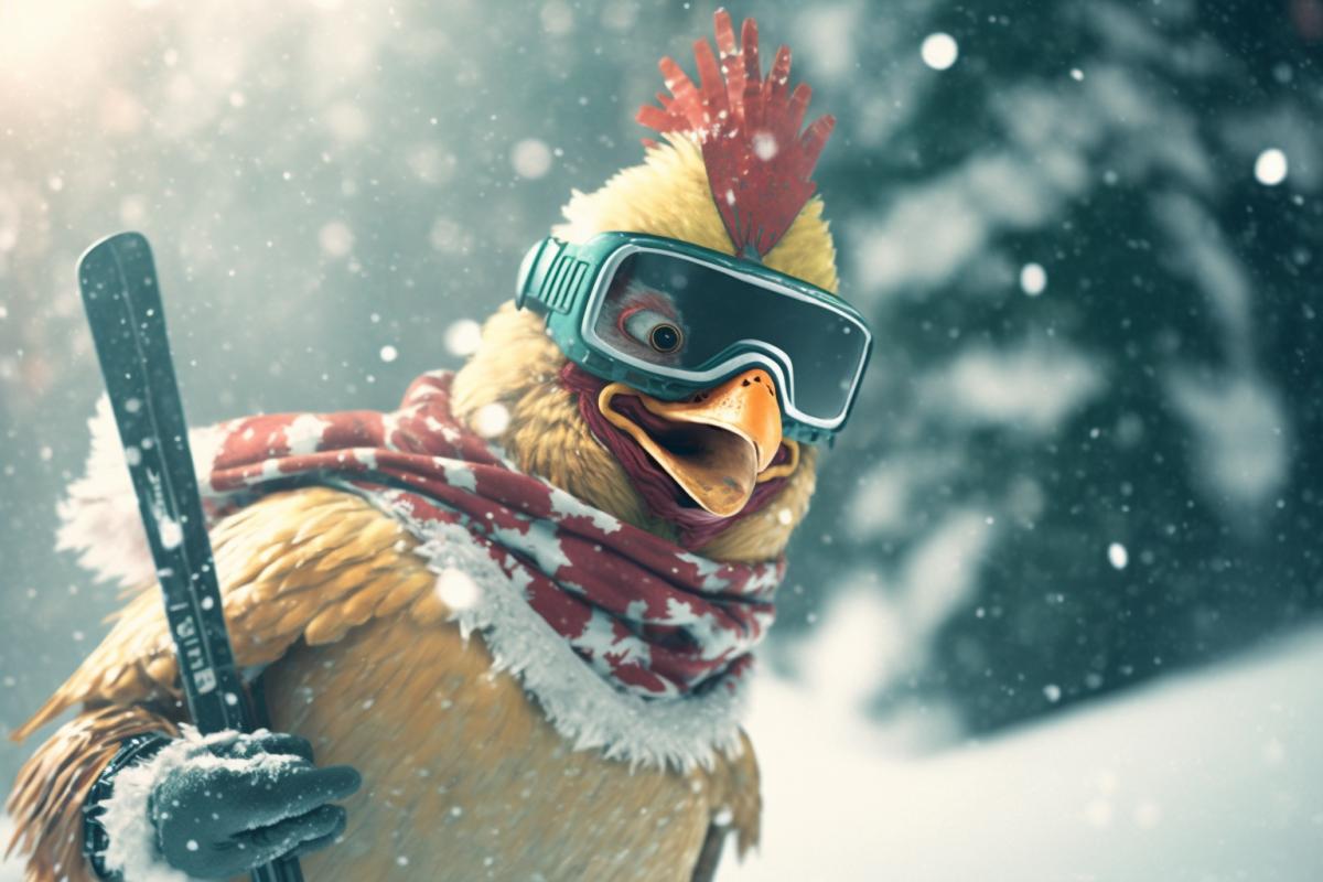 Chicken skiing on a snowy slope, snowstorm in the mountains, film grain