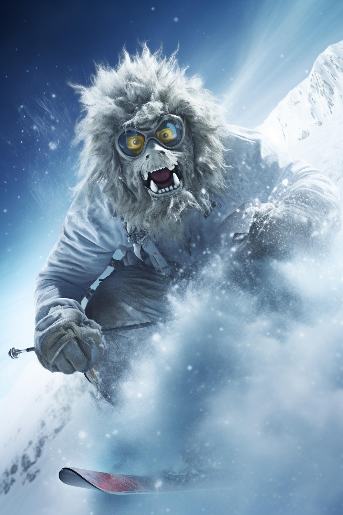 Yeti skiing, steep descent, screaming, dynamic, speed, snowfall, photorealism, funny, ridiculous, humour, cinematic