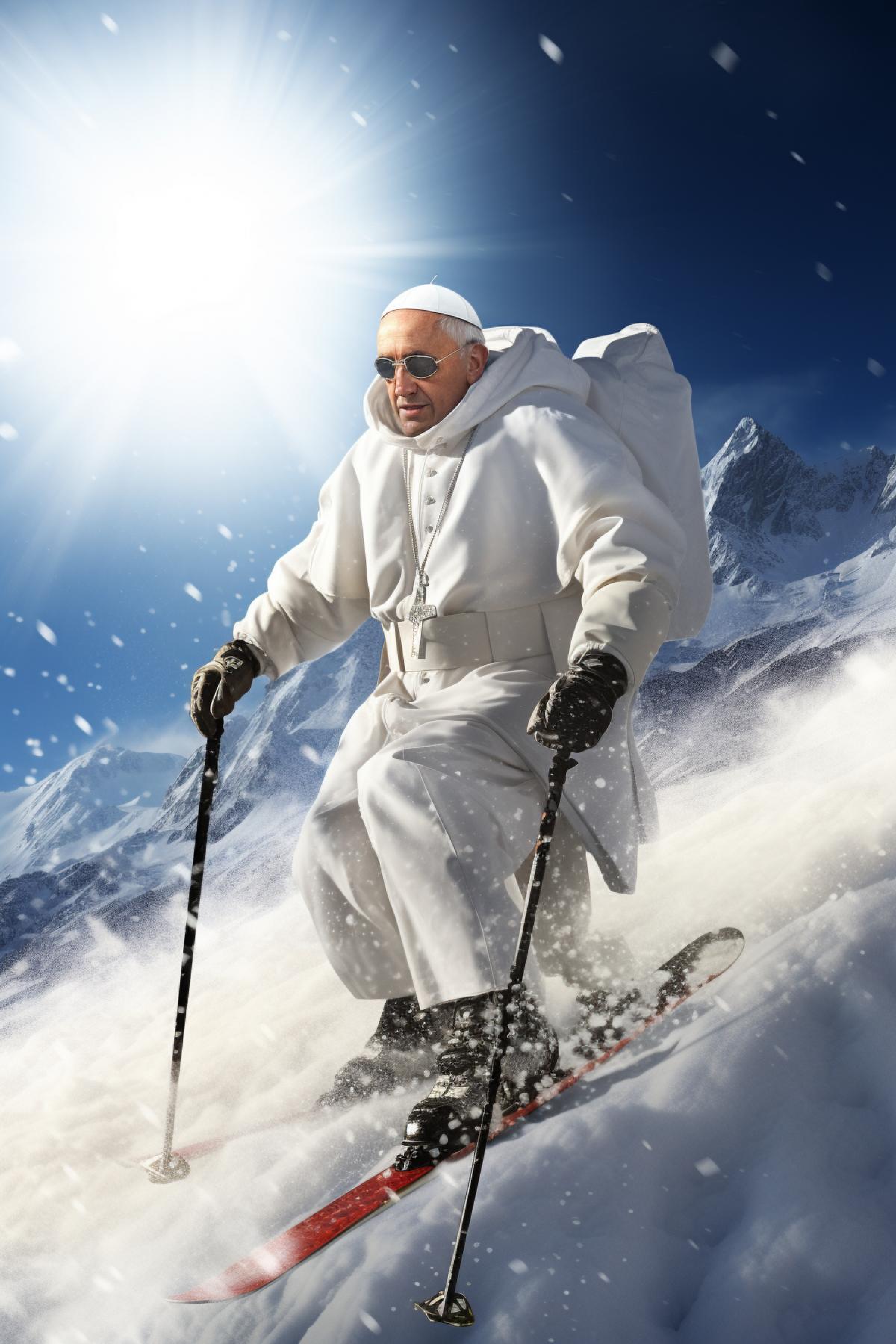 Pope Francis skiing, pantiff, White down jacket and big catholic cross, dinamic, photorealistic, cinematic
