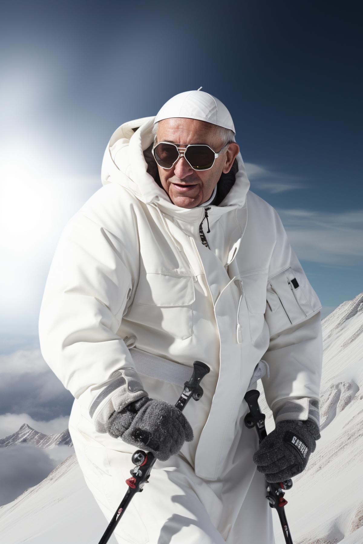 Pope Francis skiing, pantiff, White down jacket and big catholic cross, dinamic, photorealistic, cinematic