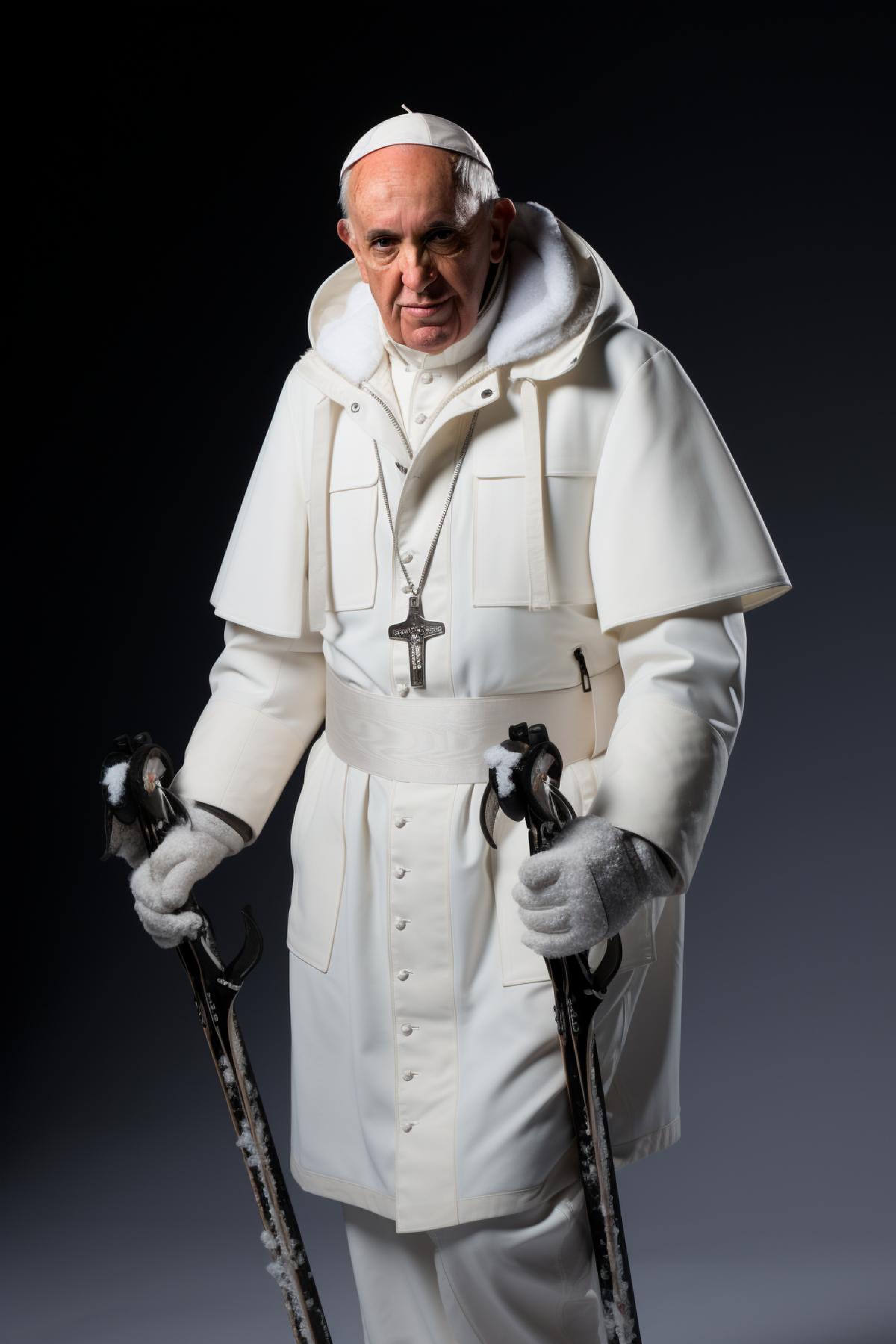Pope Francis skiing, pantiff, White down jacket and big catholic cross, dinamic, photorealistic, cinematic