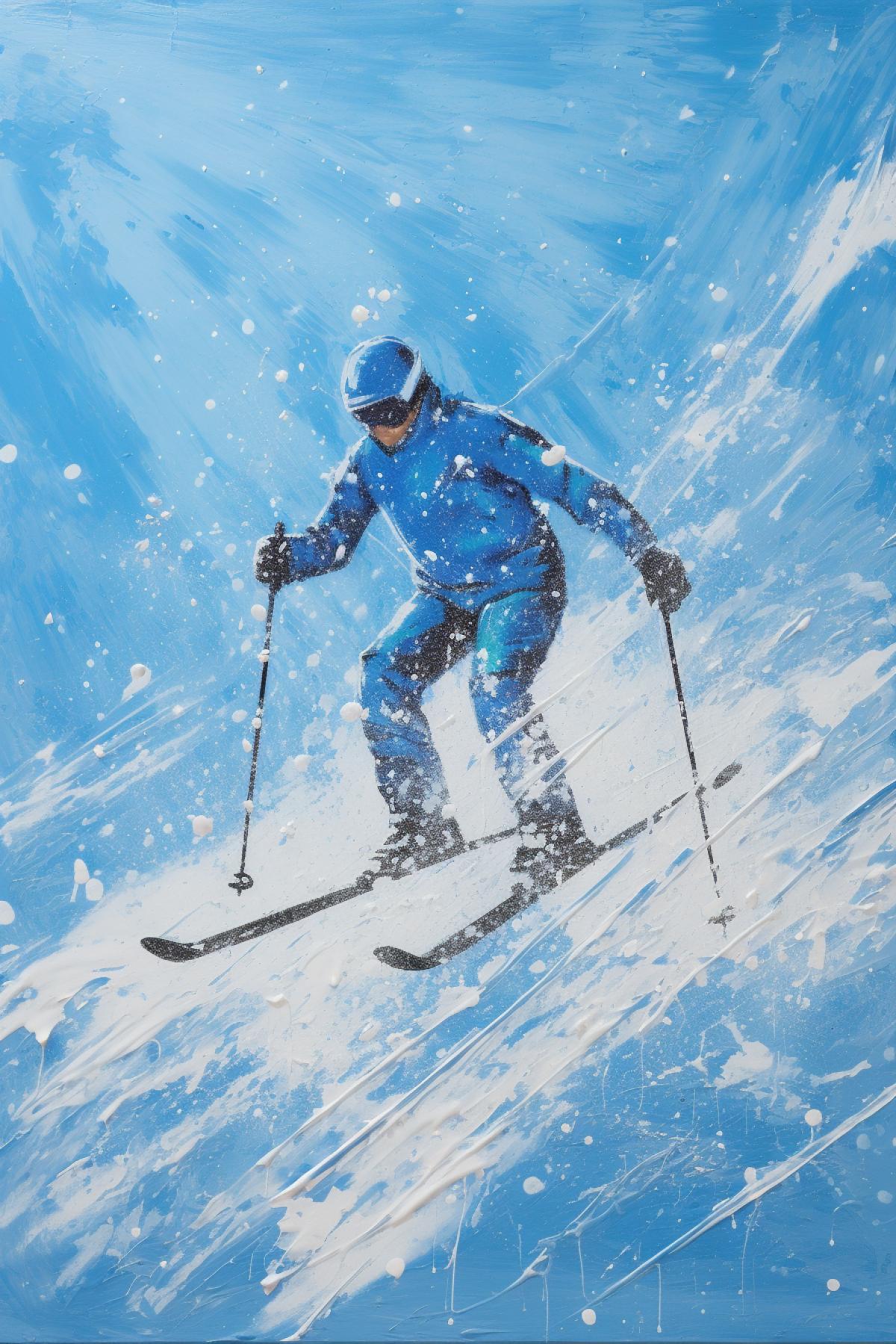 blue skier on snowy surface, in the style of fluid, abstract expressionism, abstract minimalistic com4ks, lucio fontana, close-up intensity, hyacinthe rigaud, oil paintings, monochromatic com4ks