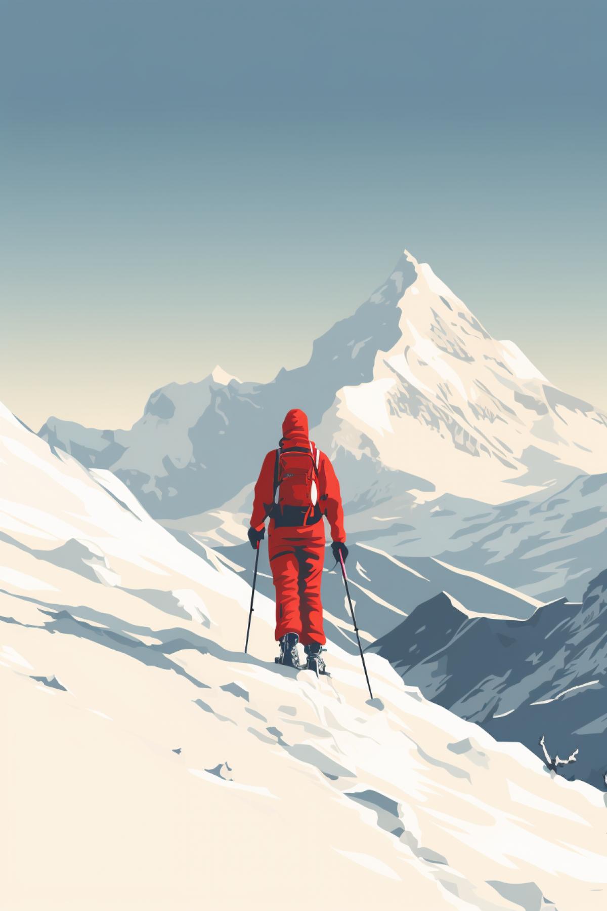 retro drawing of skier dressed in red, on top of snowy mountain, snowy mountains in the background, clear sky, high quality photo
