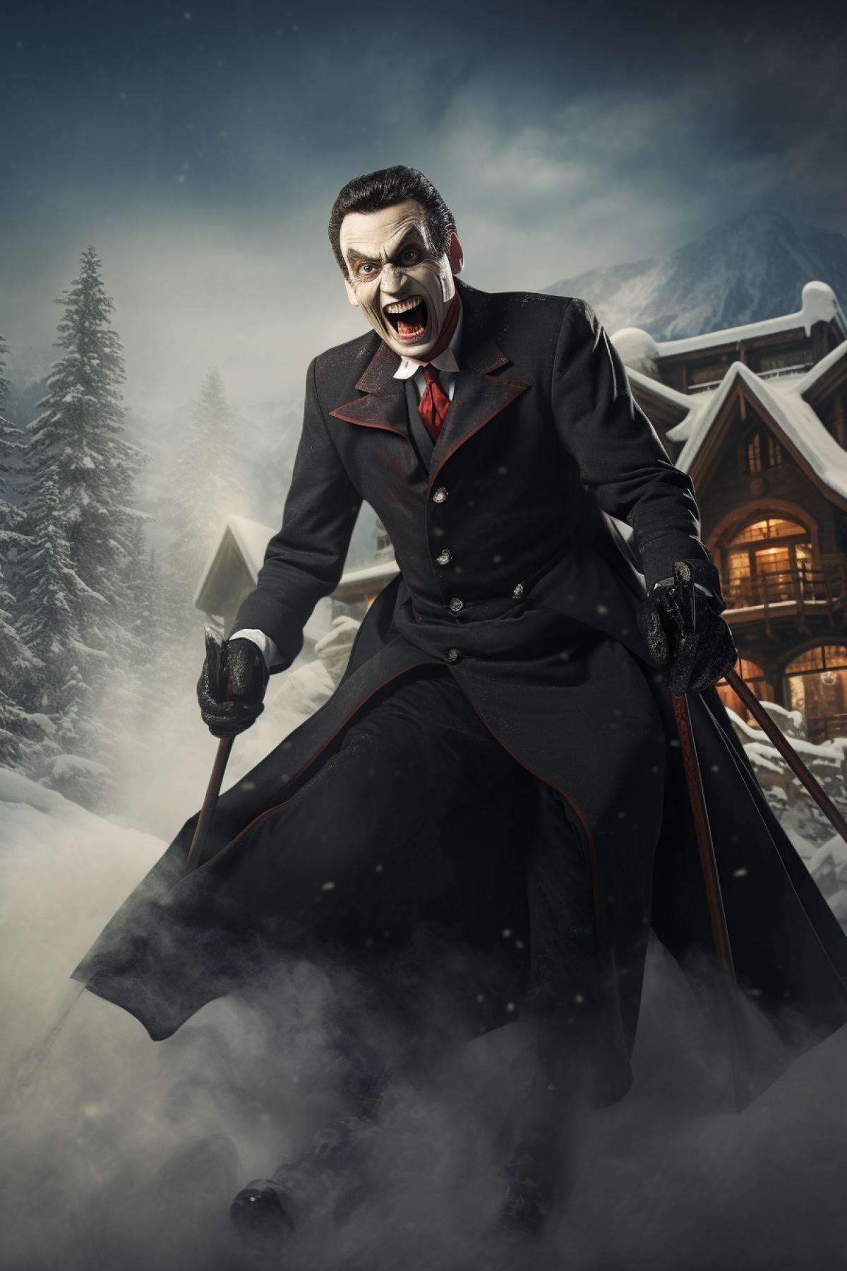 Dracula at a ski resort, funny, ridiculous, photorealism