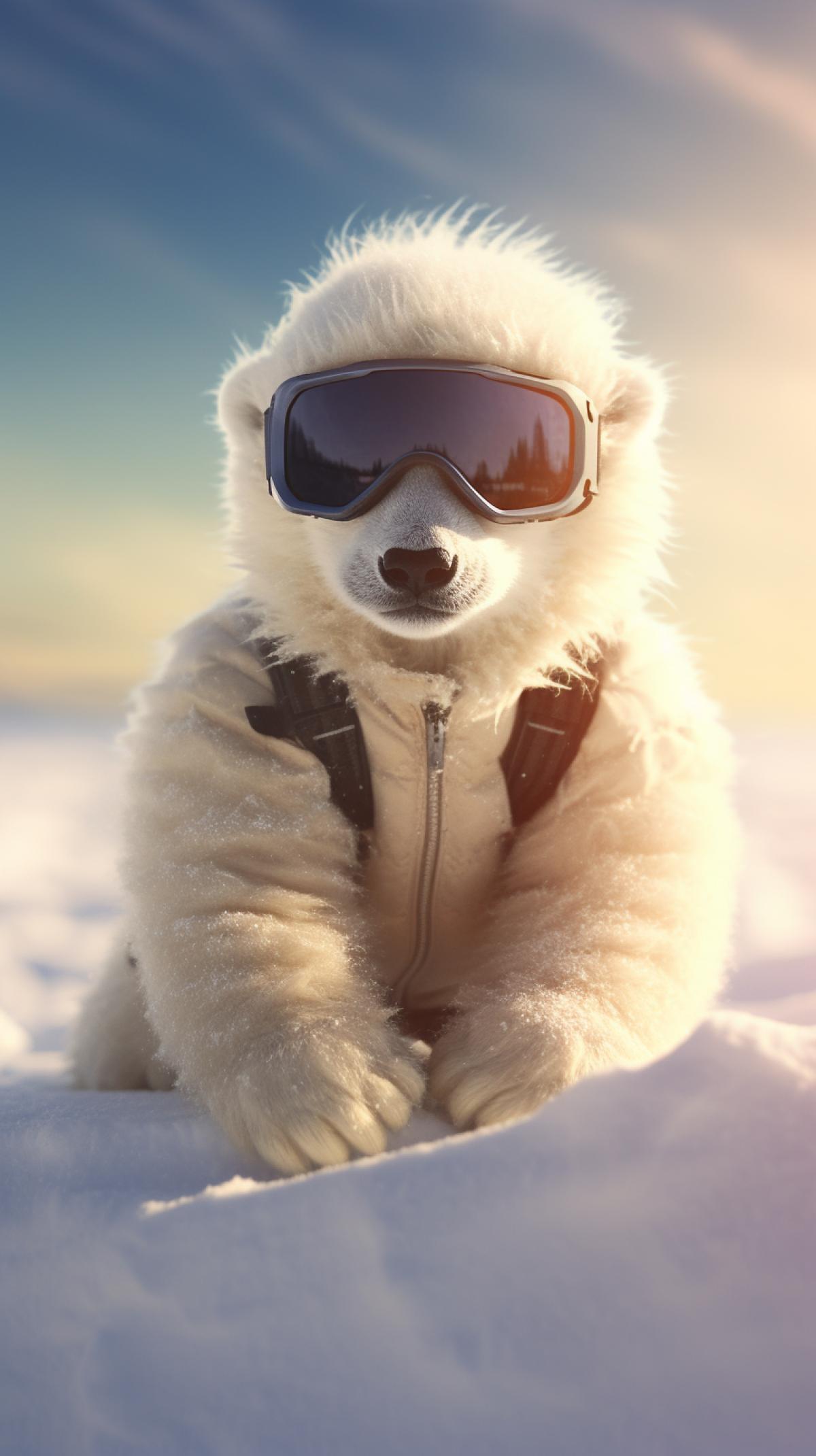 Polar bear cub snowboarding in the snow, dynamic photo, grainy photo, glare and flare, high quality image