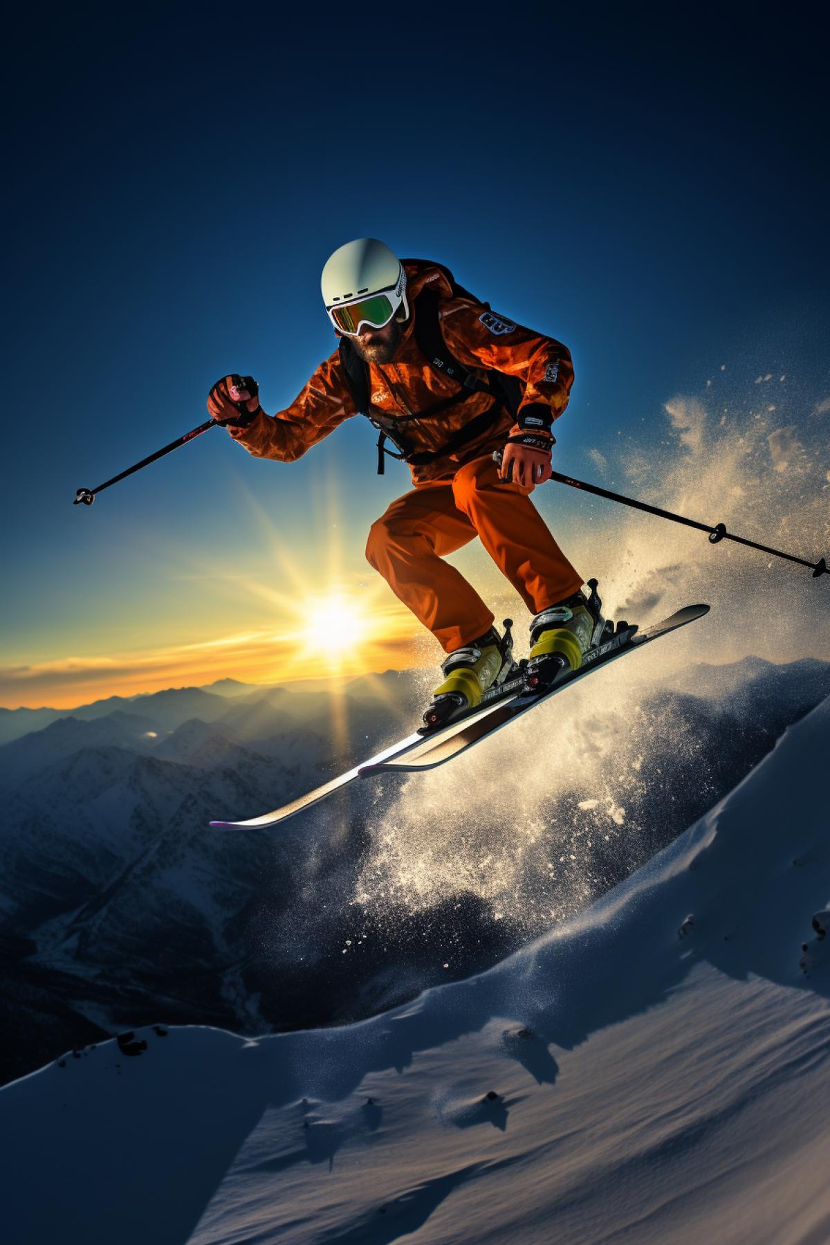 a skier riding his equipment against the sun, in the style of blown-off-roof perspective, 8k resolution, wimmelbilder, skeuomorphic, high-angle, utilizes