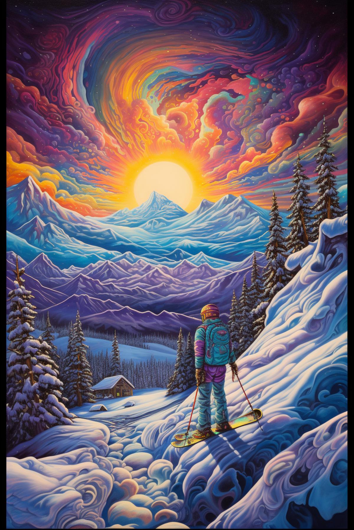 wool cross-stitch, wide angle lens, vibrant colors, intricate detailed, surreal atmosphere, skier on snowy surface, snowy mountains in the background