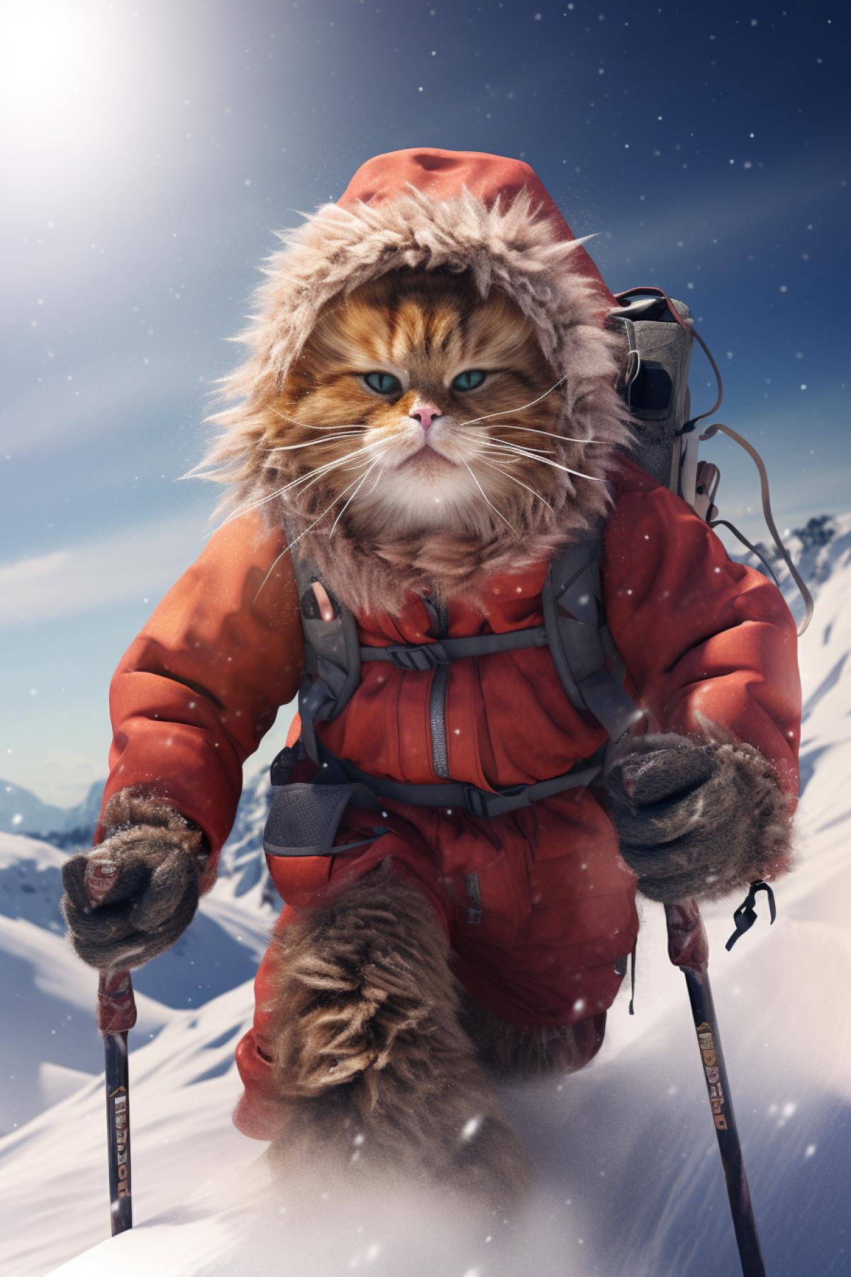 A man skiing with a fluffy red cat in a backpack, photorealism