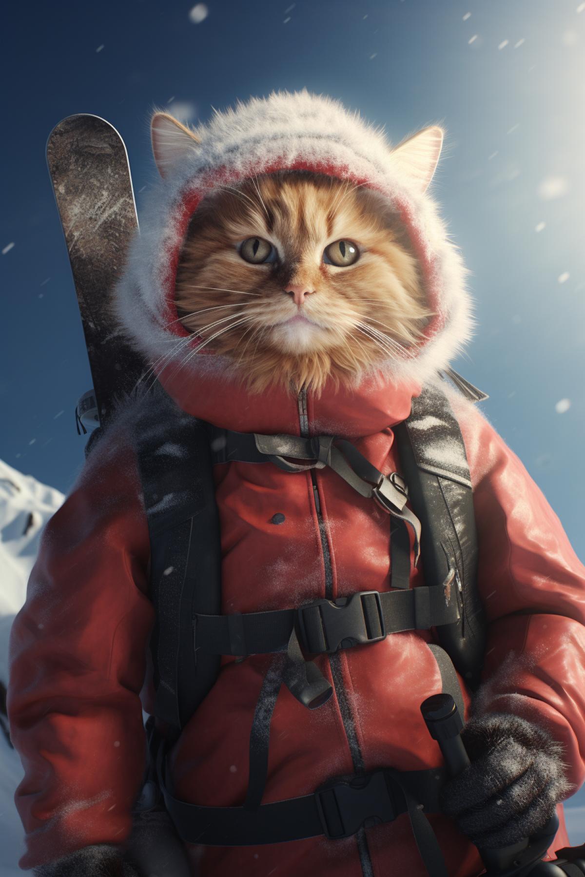 A man skis, a fluffy red cat sits in his backpack, photorealism