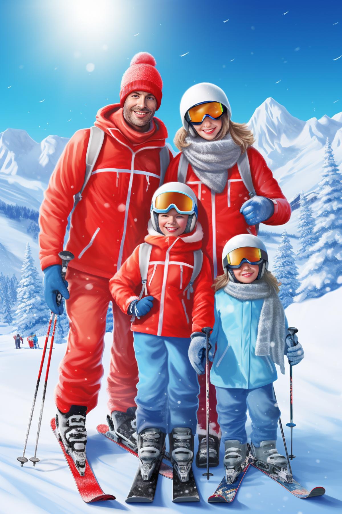 Happy big family at a ski resort, parents and children, Christmas, advertising poster, photorealism