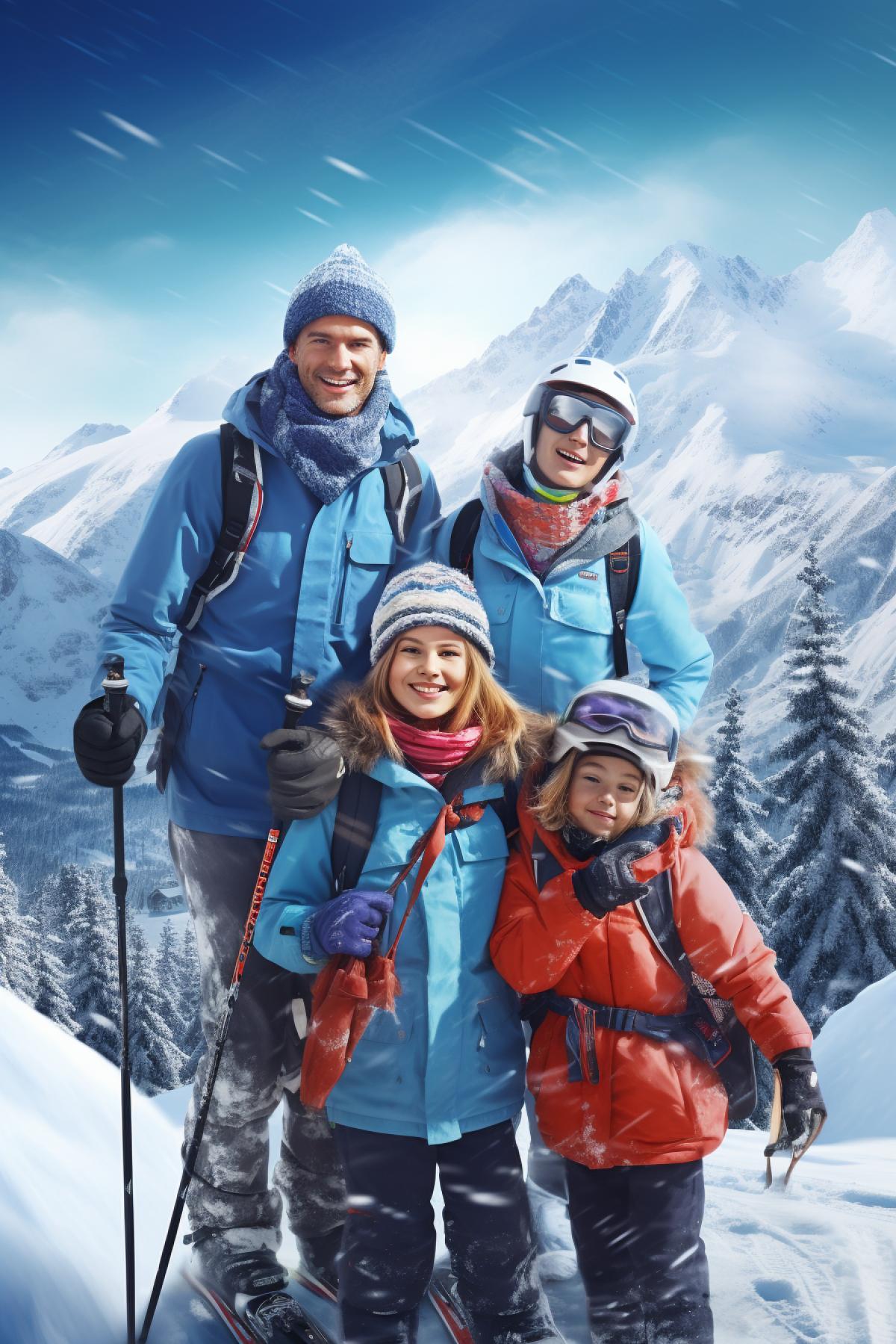 Happy big family at a ski resort, Christmas, advertising poster, photorealism