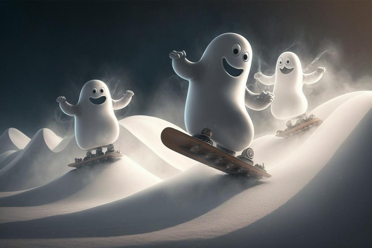 Funny ghosts on snowboards ride down the snowy hills