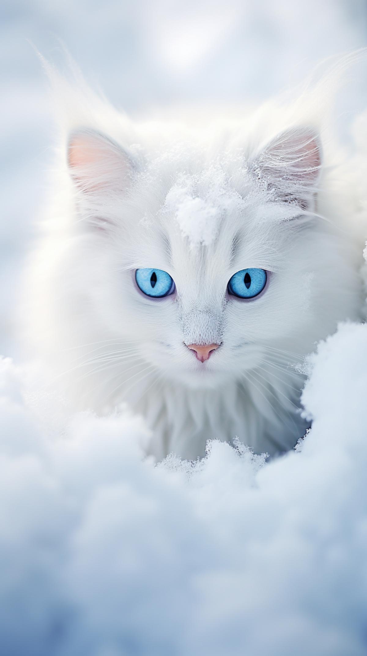 A slender white cat with big blue eyes stuck in a snowdrift, beautiful photo, glare, focus