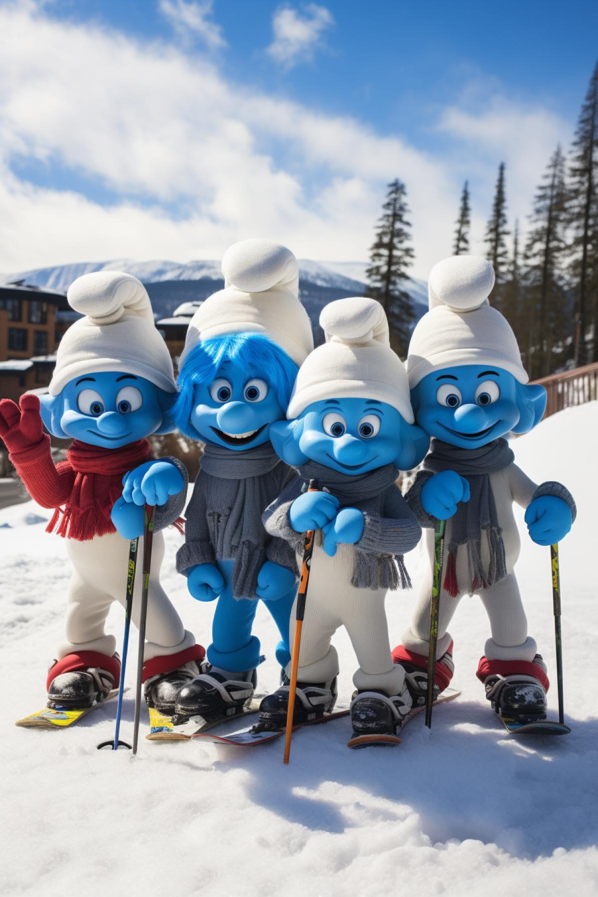 Happy Smurfs at a ski resort, high quality group photo,