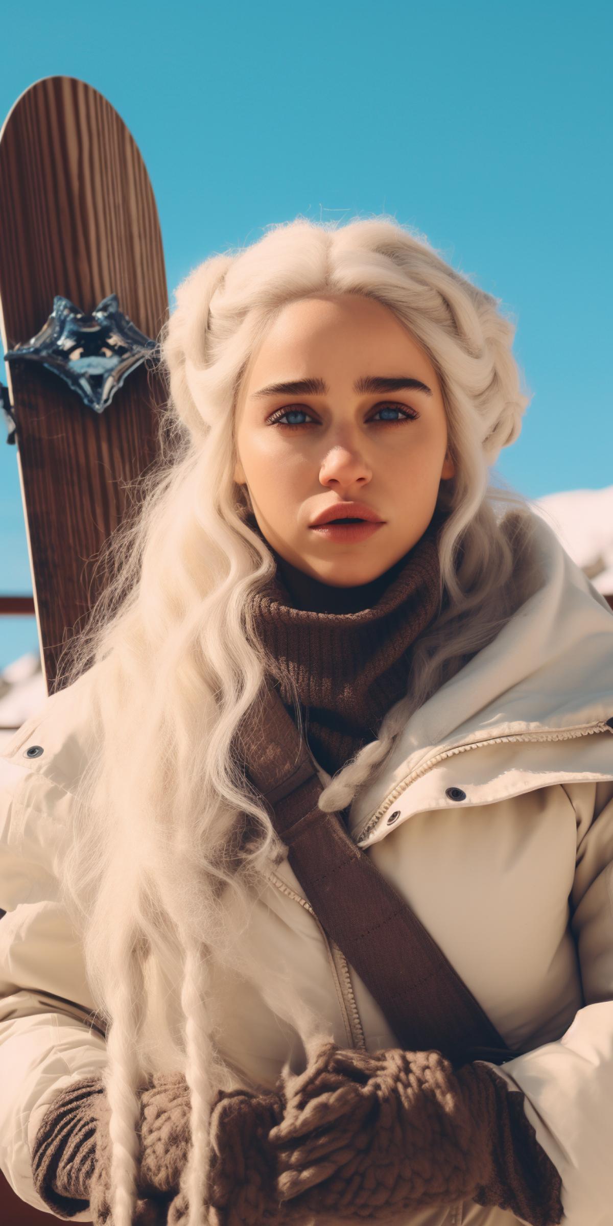 Daenerys Targaryen at a ski resort, holding a snowboard, photo for Instagram