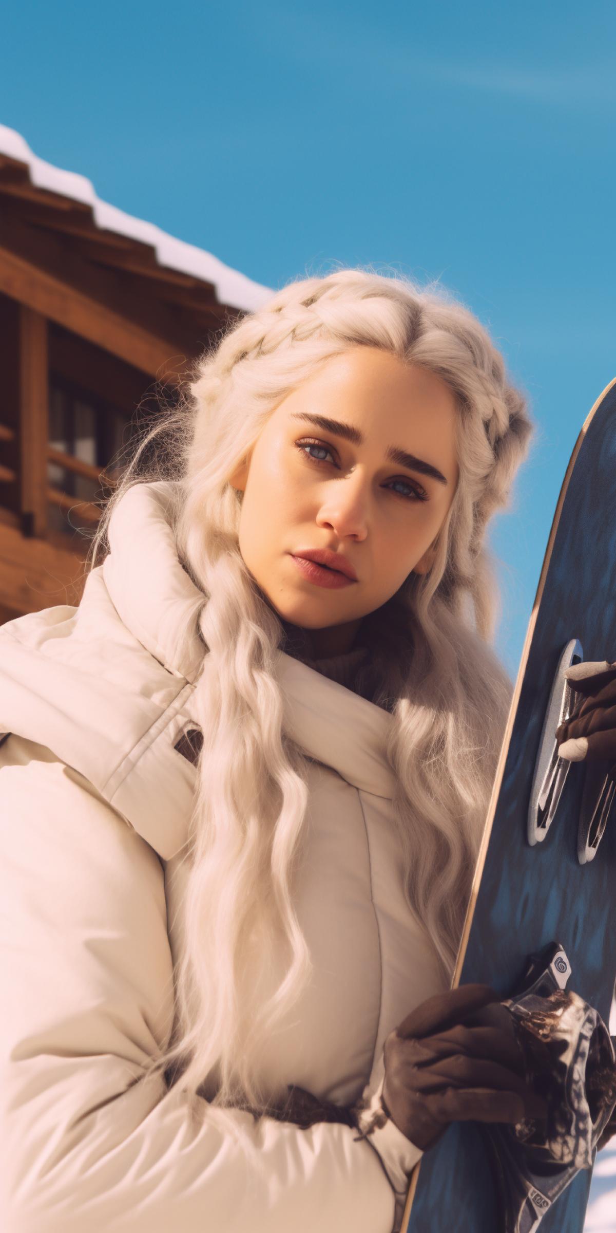 Daenerys Targaryen at a ski resort, holding a snowboard, photo for Instagram
