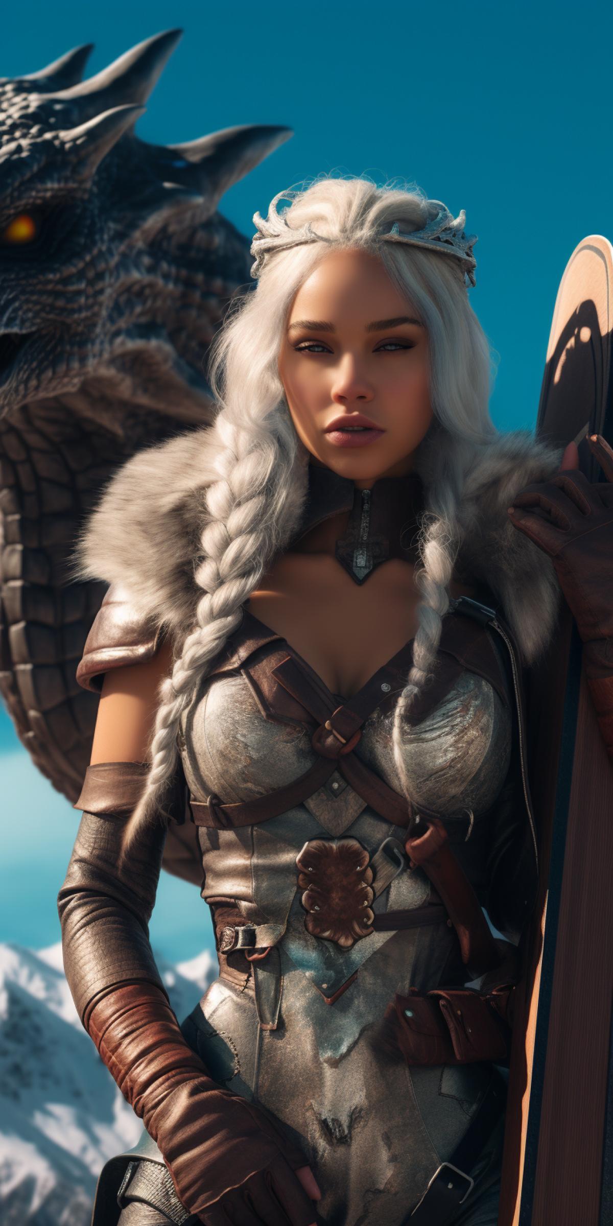 Daenerys Targaryen at a ski resort, holding a snowboard, photo for Instagram, background dragon in the alpine sky