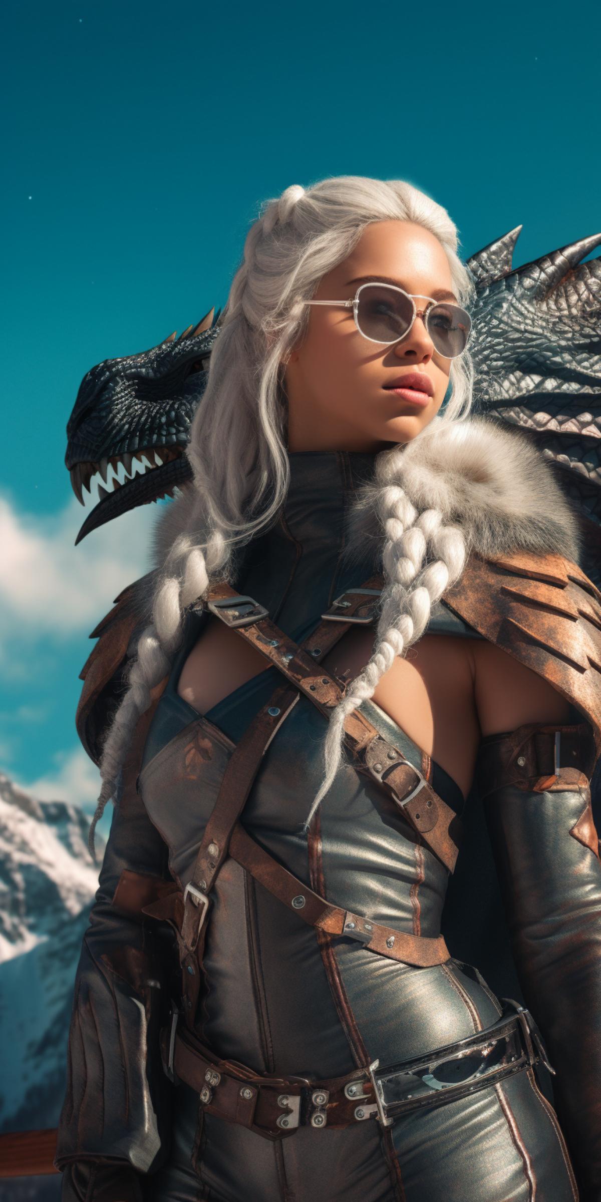 Daenerys Targaryen at a ski resort, holding a snowboard, photo for Instagram, background dragon in the alpine sky