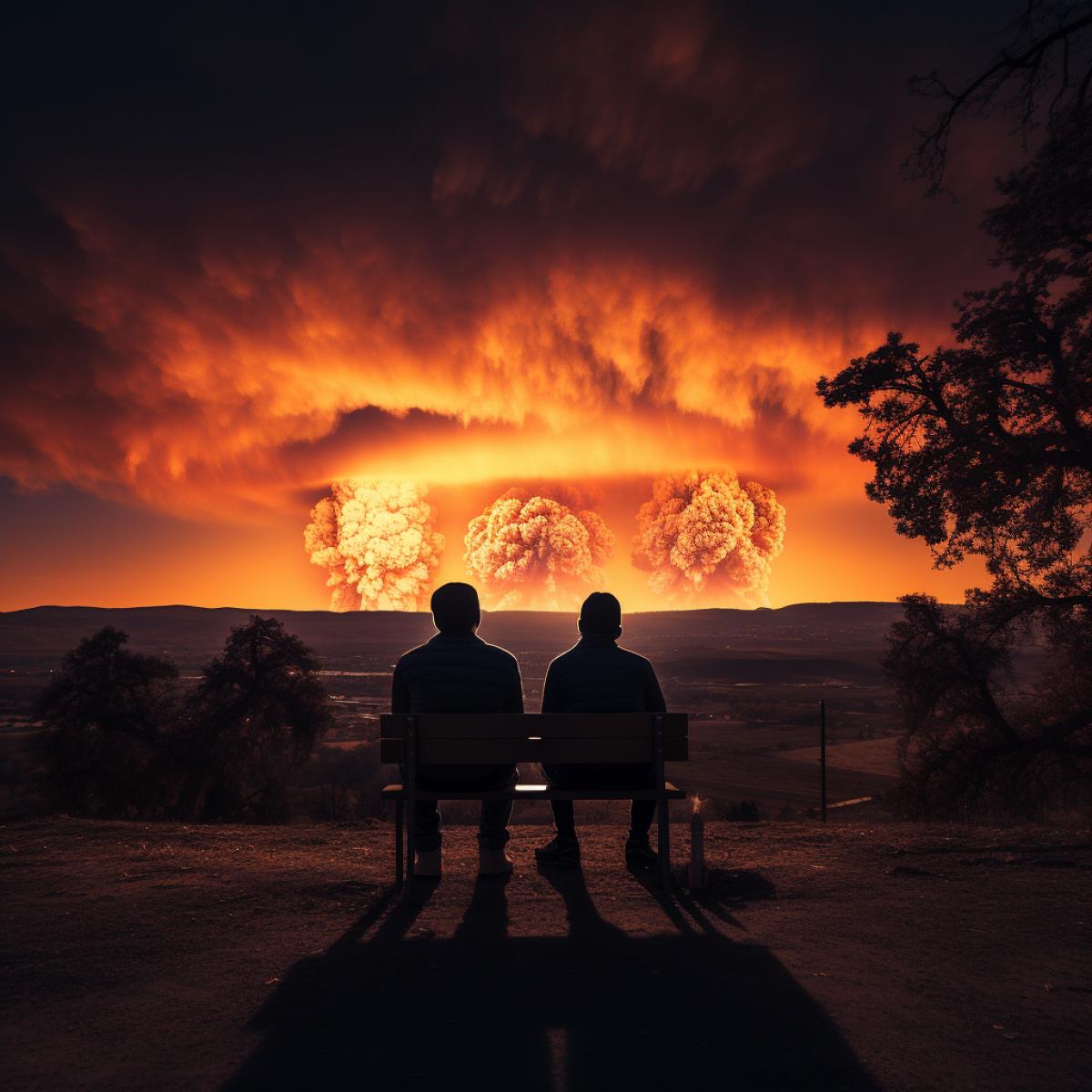 Two people sitting on a bench on fire with their backs to the camera, looking straight ahead, backs to the camera, cannot see their faces, sitting on a bench, looking out over a atomic explosion , back of heads, ultra photo realistic, nature, ultra cinematic, melancholy, feeling of the TV show the Wire, photo taken from the back, cinematic lighting, ultra photo realistic, ultra cinematic, like a scene from a movie, photo taken from the back, cinematic lighting, 8k