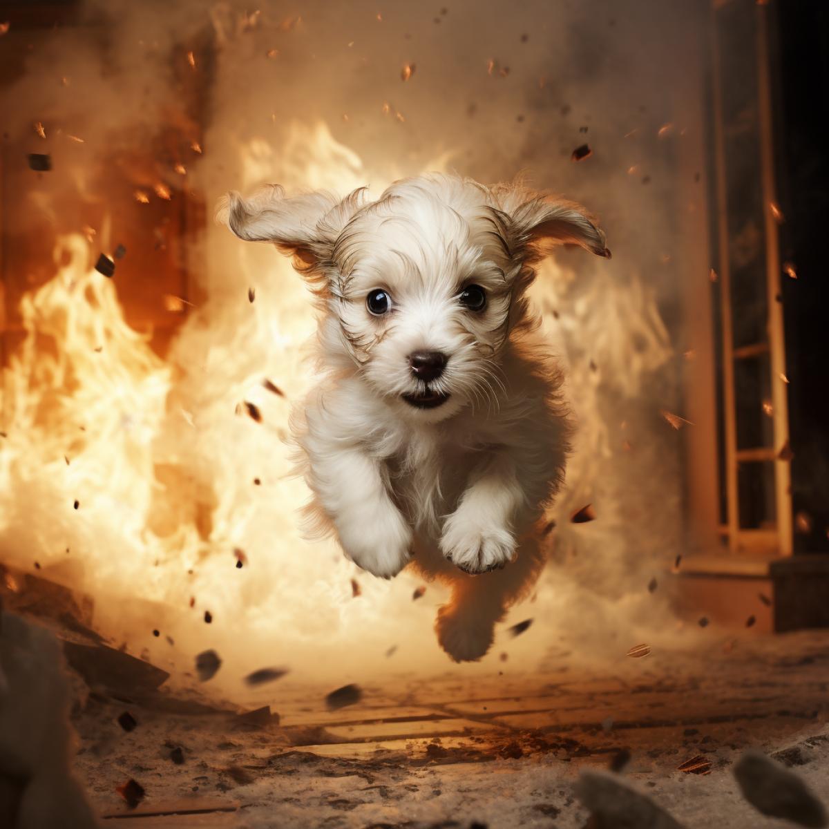 A puppy escapes from a fire