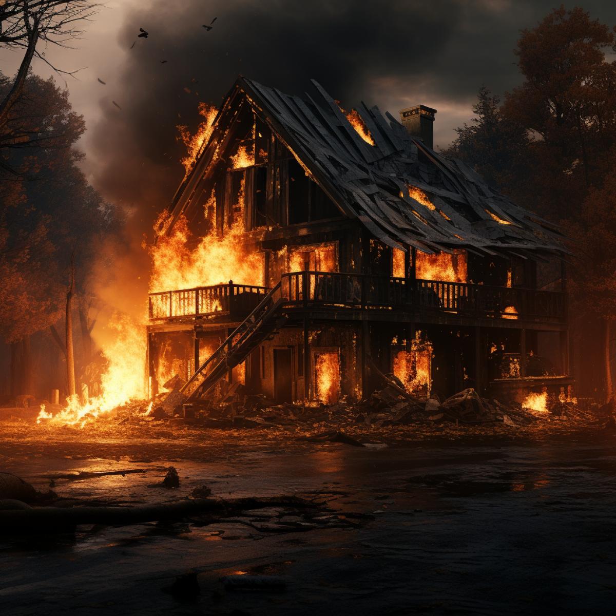 Burning coal house, ultra HD, ultra detailed, ultra realistic, photo realistic, muted colors, digital art, 8k, highly detailed, epic, dark, loneliness, wood, coal, fire,