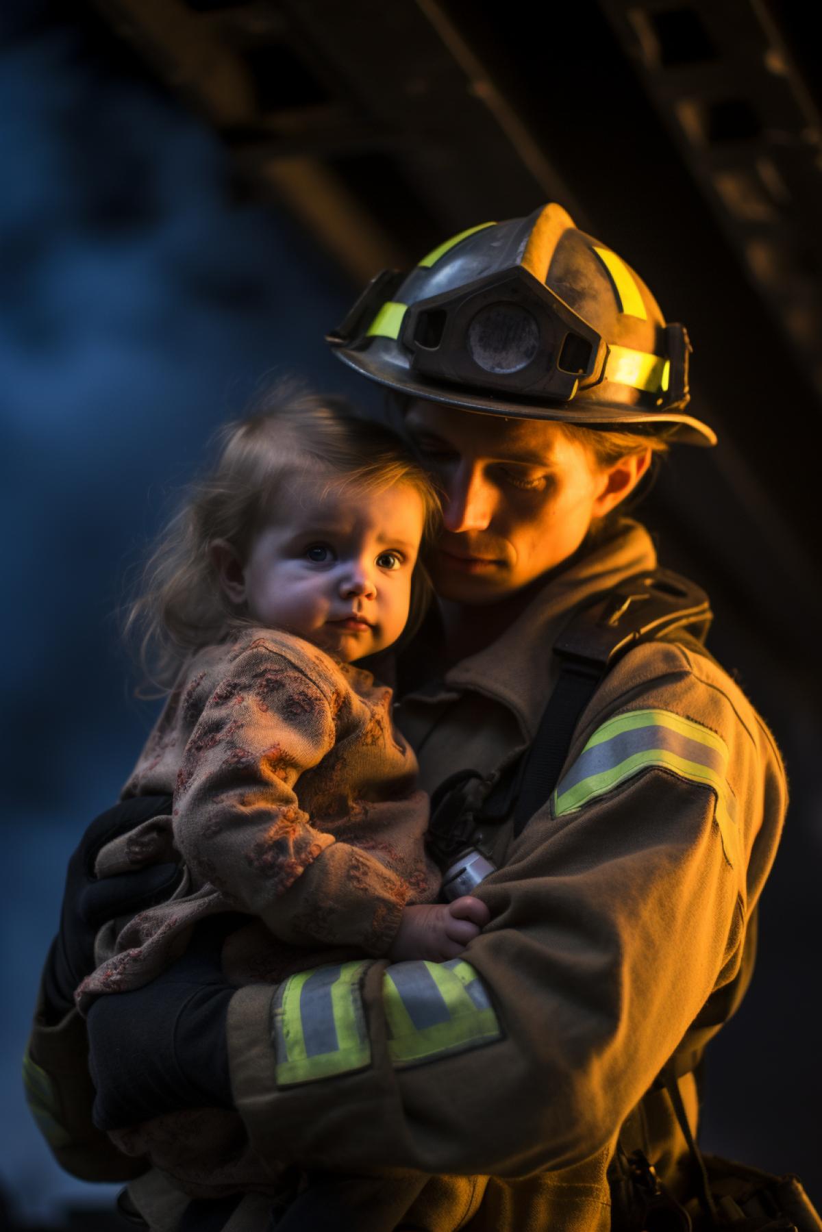 A young firefighter carries a child out of a fire