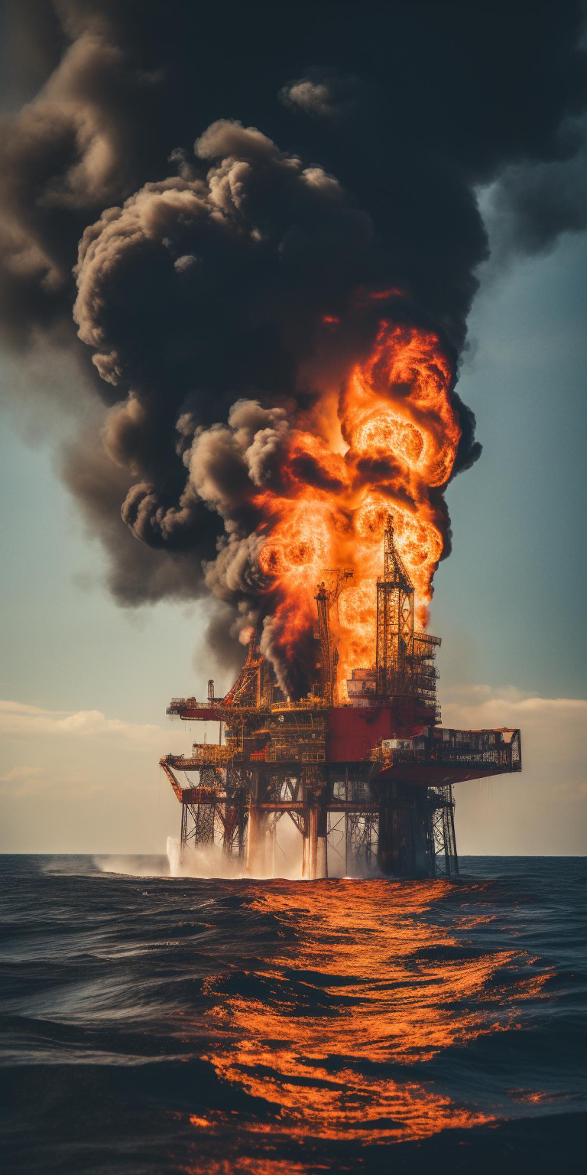 A fire on an oil drilling platform in the middle of the ocean, a tall dark column of smoke, a tragic scene, a fascinating photo, high quality image, wide color palette, rich colors