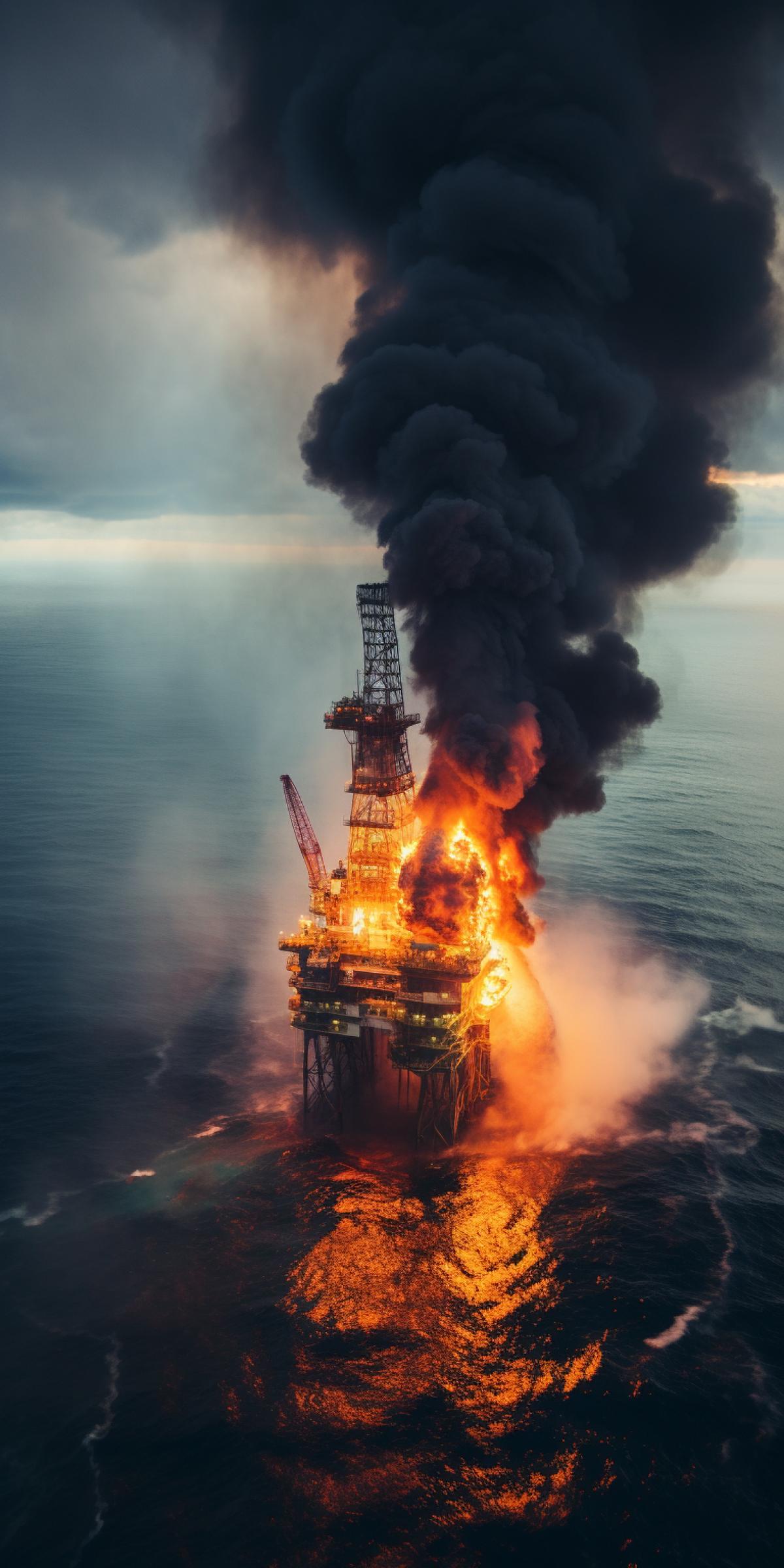 A fire on an oil drilling platform in the middle of the ocean, a tall dark column of smoke, a tragic scene, a fascinating photo, high quality image, wide color palette, rich colors
