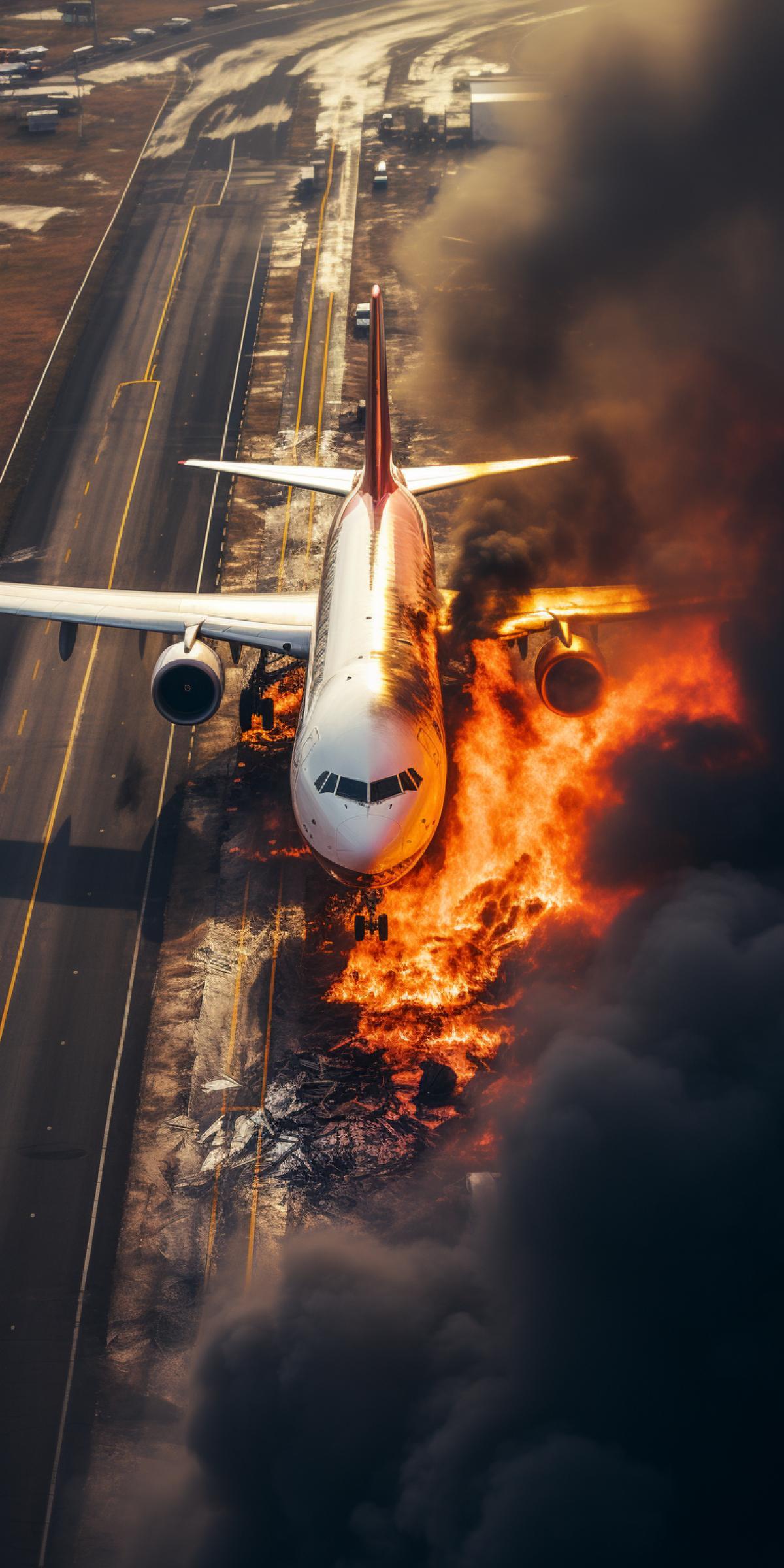 A burning airliner on the runway, fire trucks around, a view from a great height, a fascinating photo, high quality image, wide color palette, rich colors, high image clarity