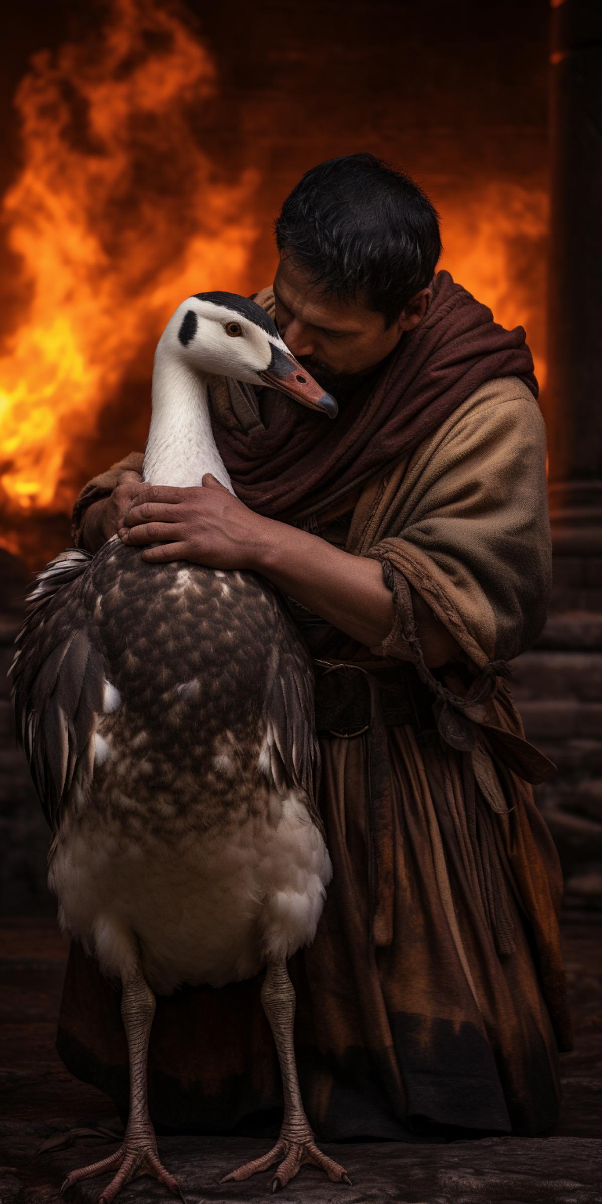 A courageous ancient Roman stained with soot hugs a goose, touching photo, high definition image, warm photo filter, high resolution, high quality image
