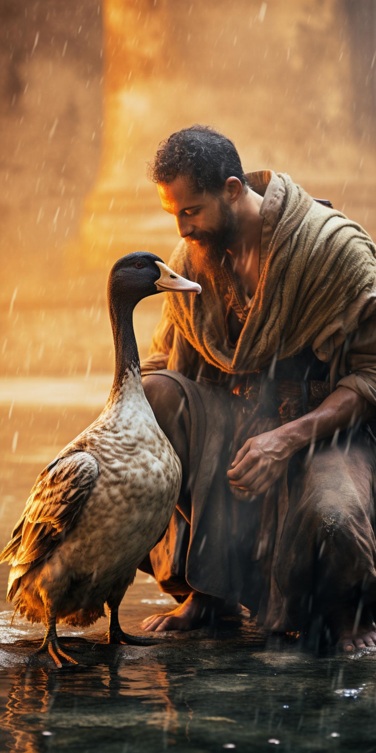 A courageous ancient Roman stained with soot hugs a goose, touching photo, high definition image, warm photo filter, high resolution, high quality image