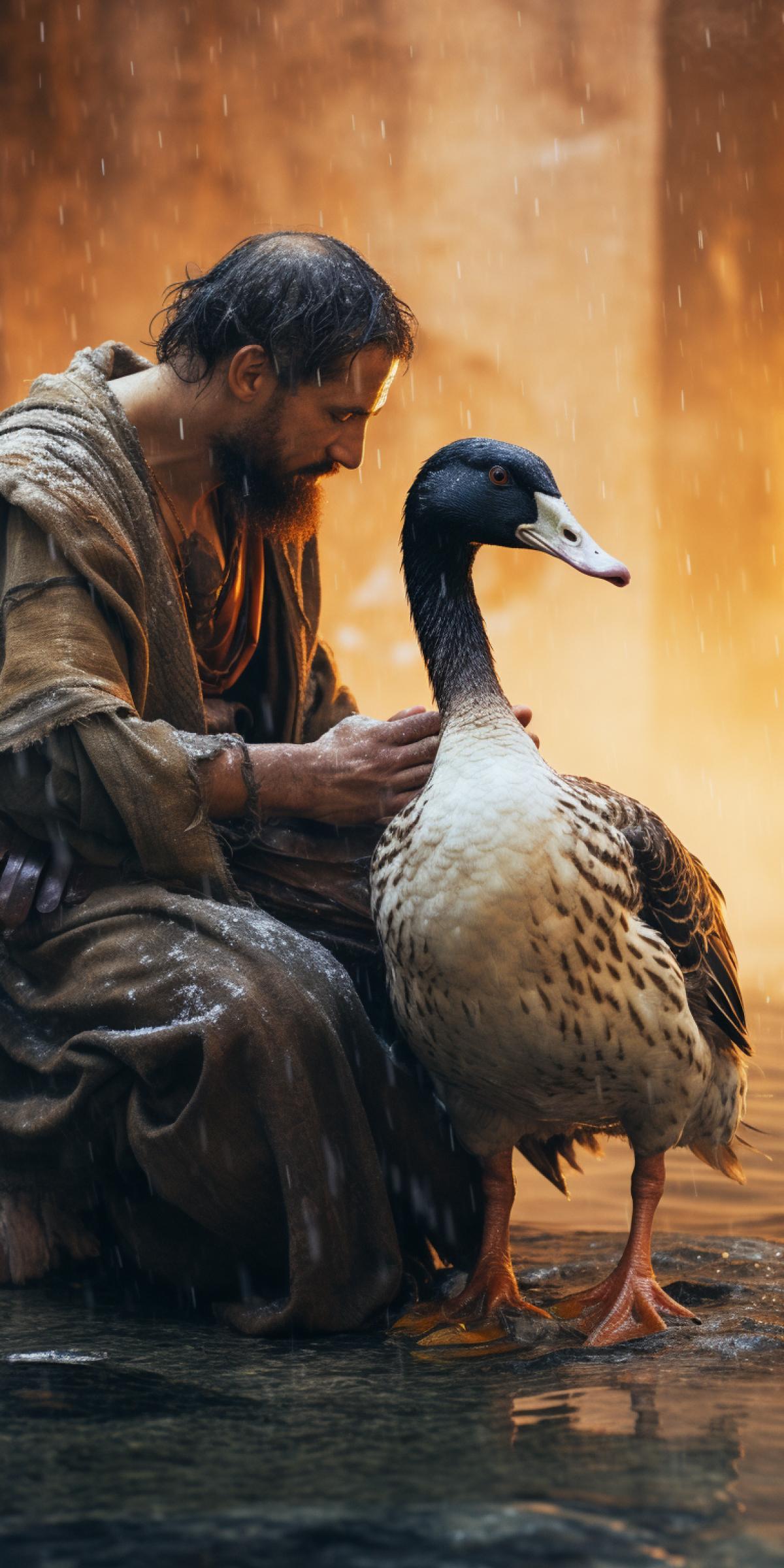 A courageous ancient Roman stained with soot hugs a goose, touching photo, high definition image, warm photo filter, high resolution, high quality image