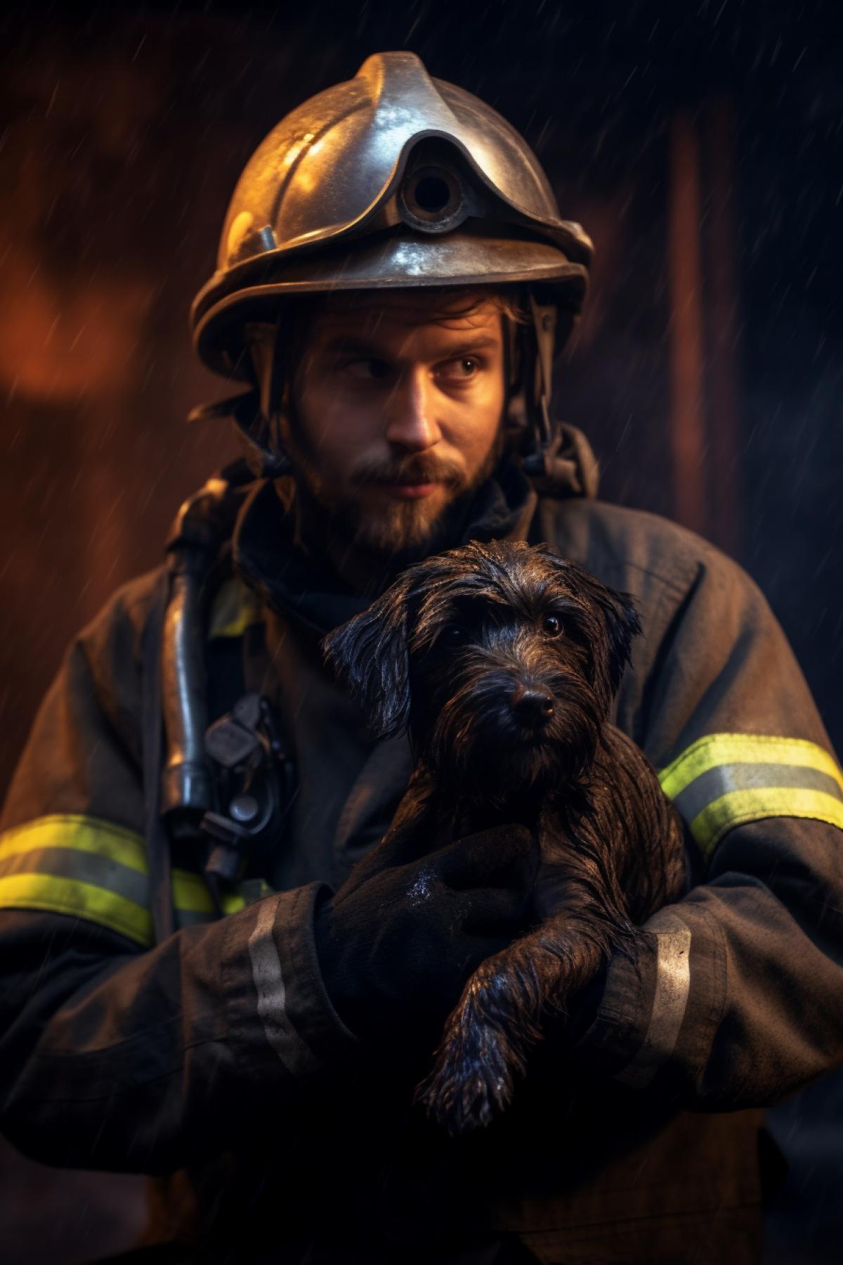 A fireman rescues a dirty wet scared little puppy from a burning house, a burning house in the background, night