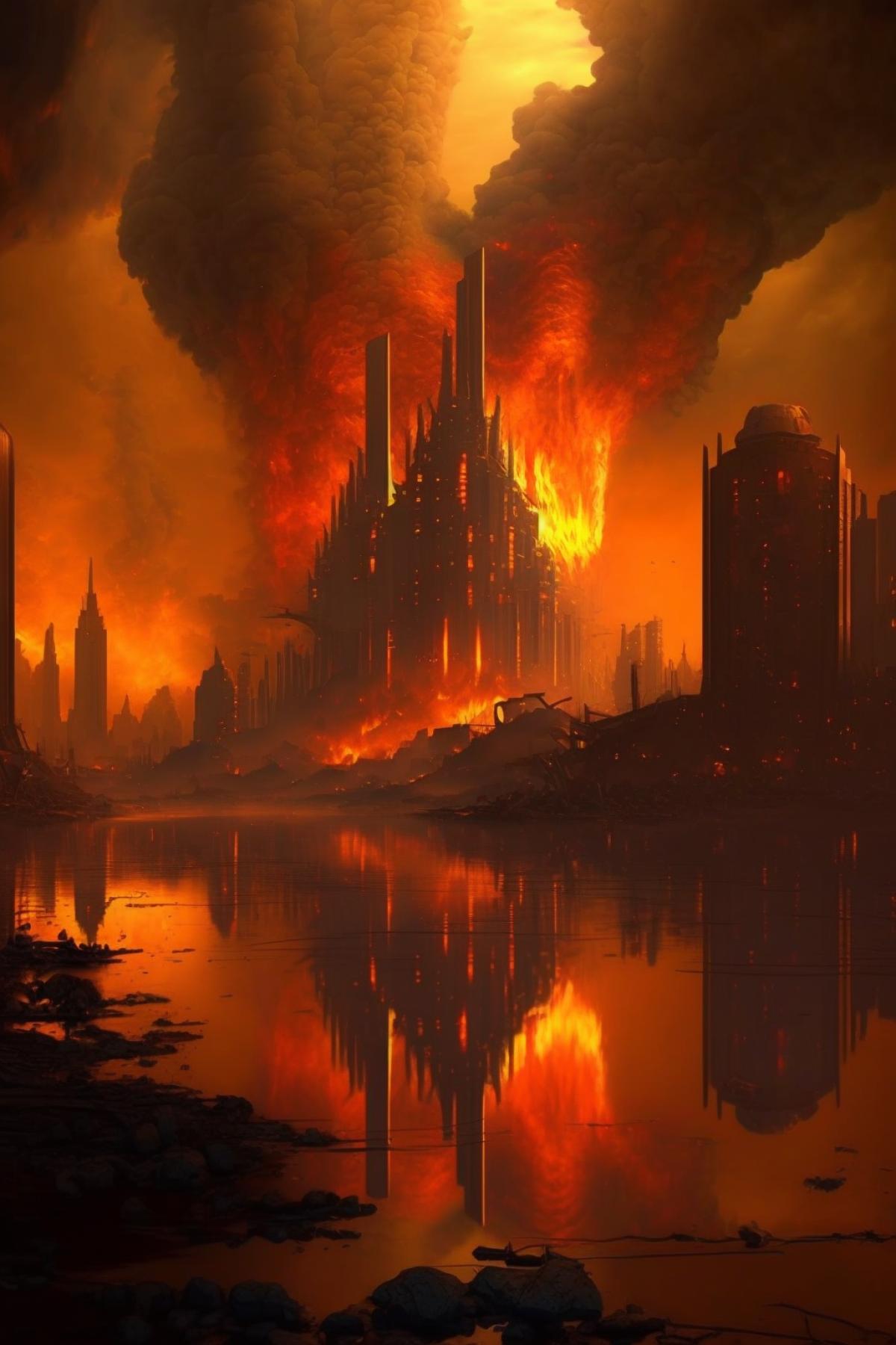 Very dramatic fire, the whole city is on fire, sad