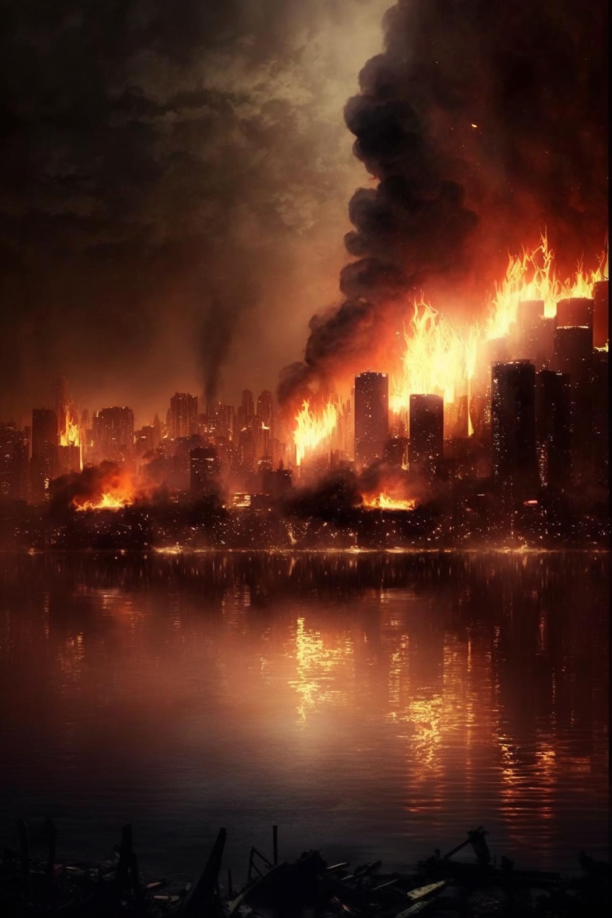 Very dramatic fire, the whole city is on fire, sad