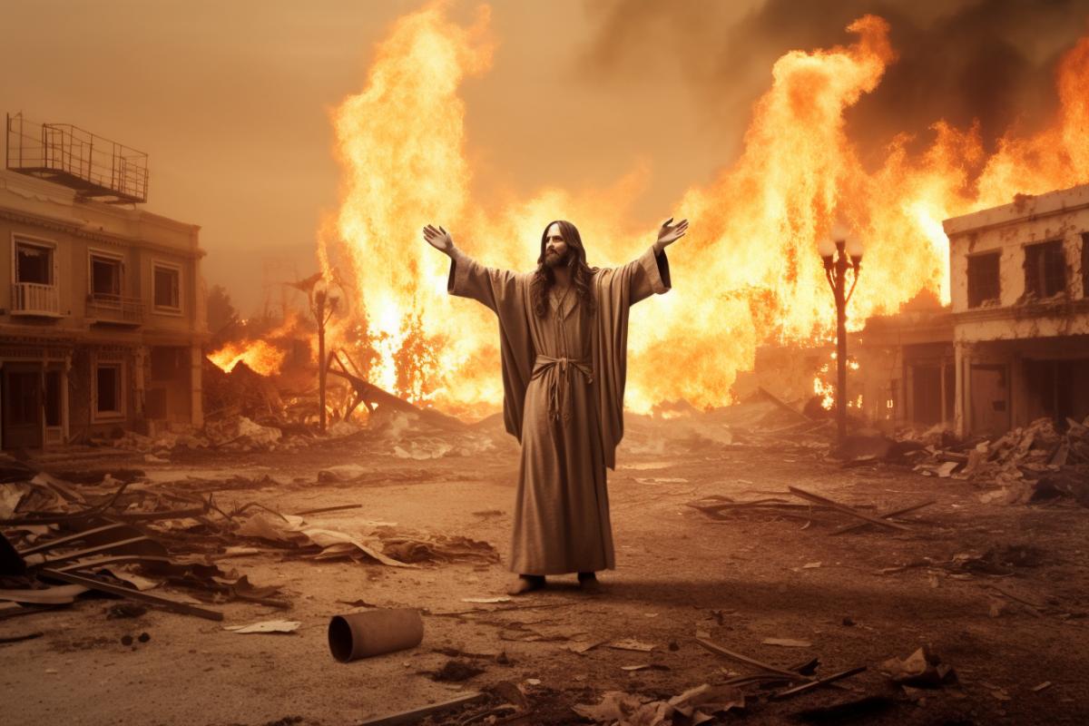 Jesus Christ puts out the fire, the city is burning.