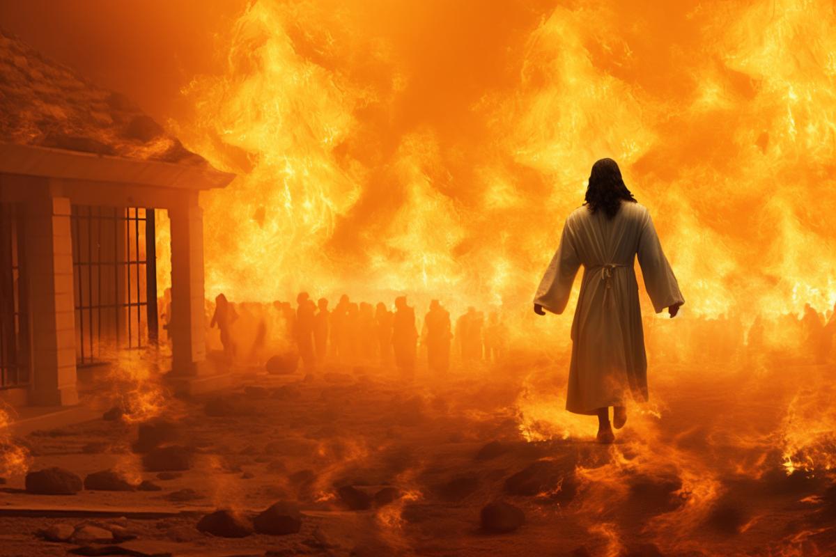 Jesus Christ puts out the fire, the city is burning.