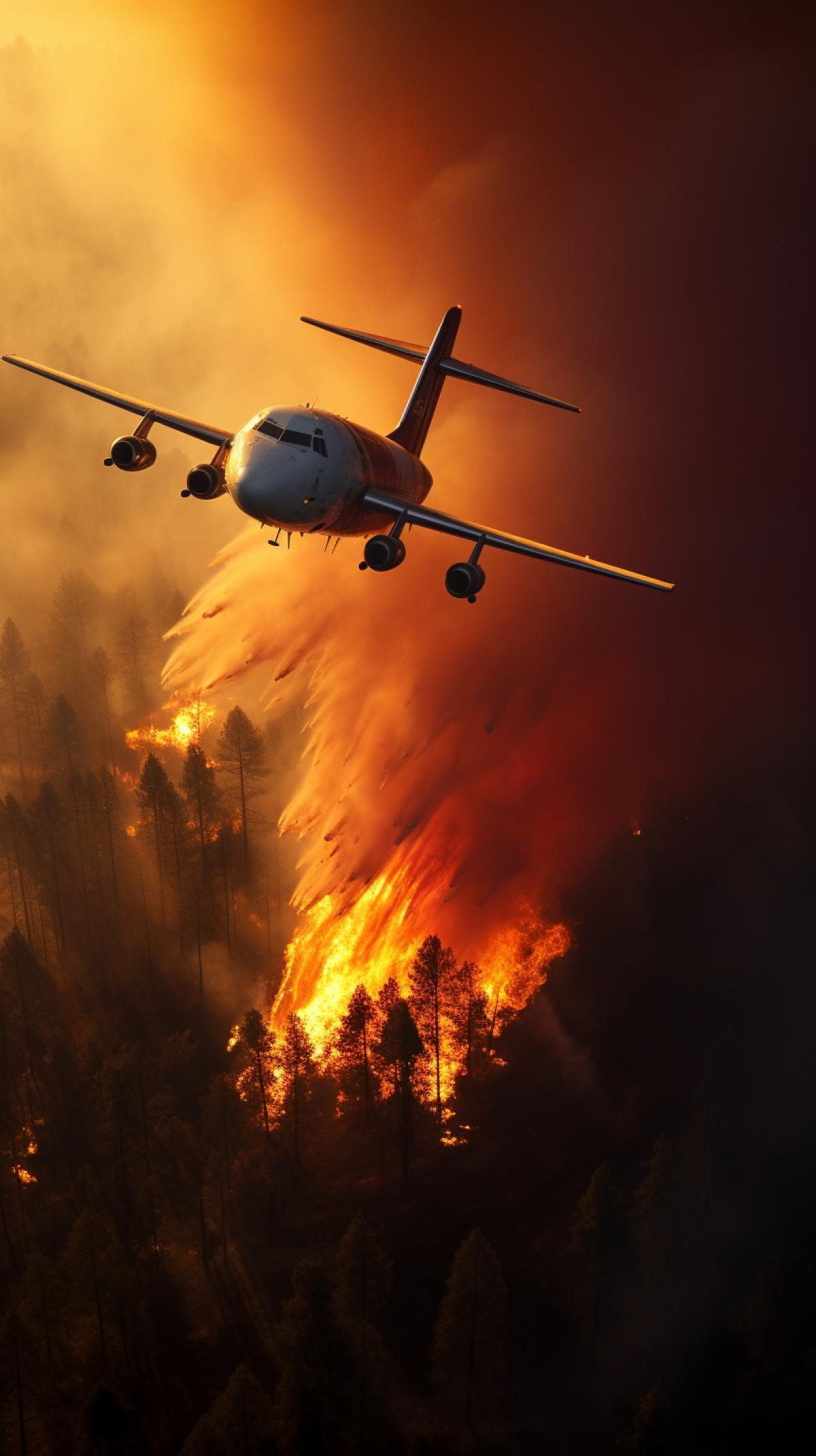 An airplane extinguishes a forest fire by dropping water, a still from a photo report, an interesting shot.