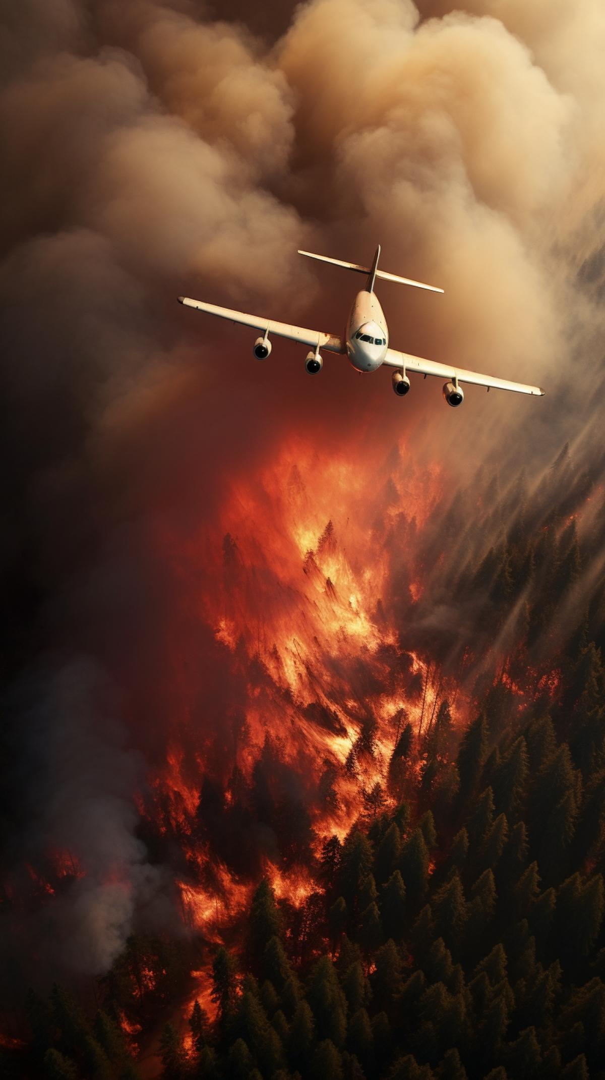 An airplane extinguishes a forest fire by dropping water, a still from a photo report, an interesting shot.
