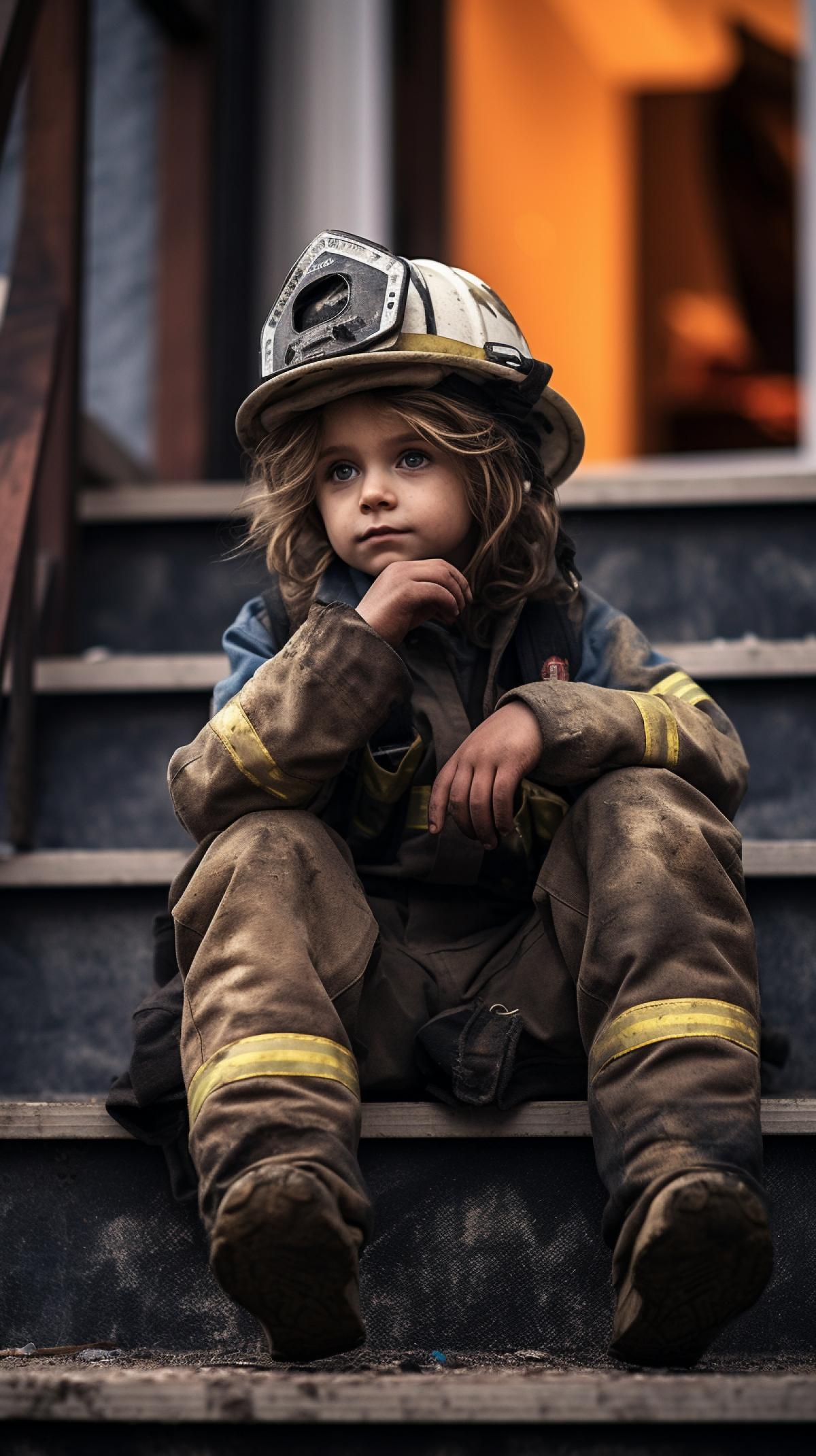 A little girl in a large firemans helmet sits on the steps of a burnt house, photo report on a Nikon camera, documentary shot