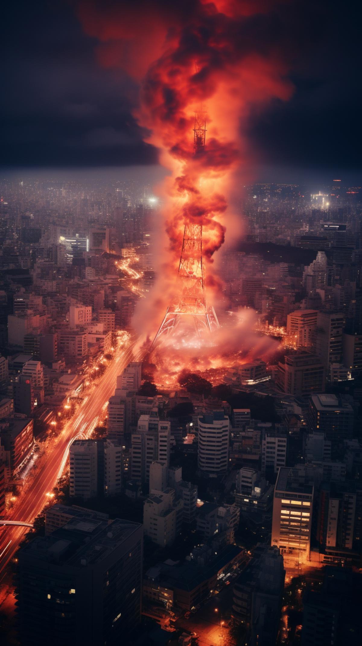 Fire tornado in the middle of night Tokyo, amateur photo, high resolution