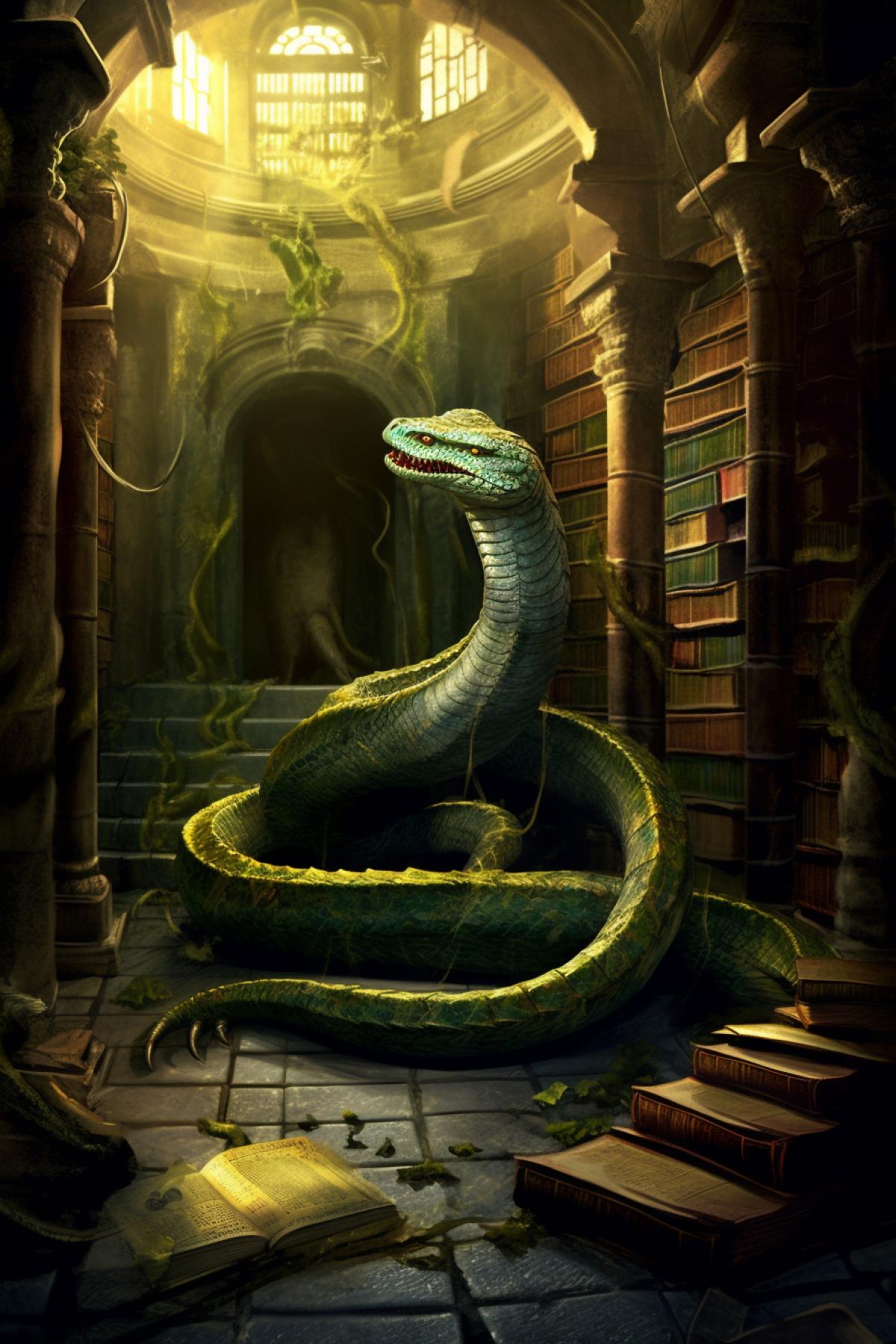 book about Harry Potter, scene where in the dungeon there is a large basilisk snake with yellow eyes, photorealism