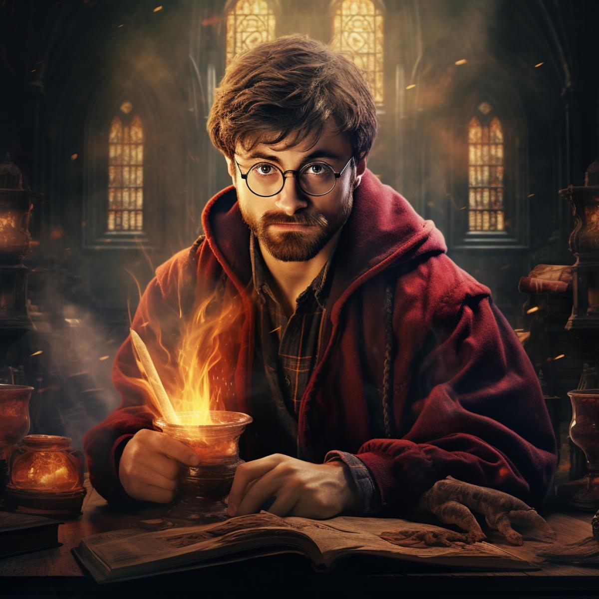 Daniel Radcliffe as 35 years old Harry Potter as a magic teacher, small beard, medium hair, wearing a scarlet magic robe, in a magic class, high quality, good detail, fantasy cinematic filter, comic art