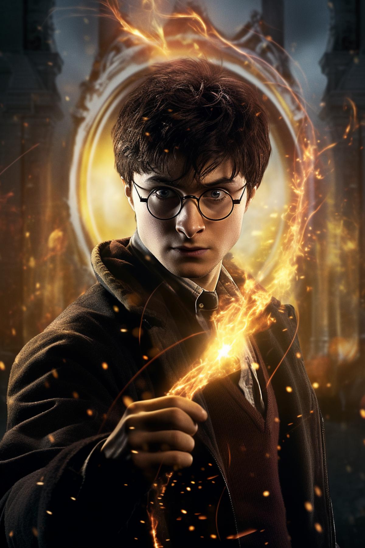Harry Potter, wand-wielding and dressed in flowing robes that exude magical energy, raises his sinister rune-encrusted staff to the skies, calling upon the great force of nature. From the swirling vortex at the tip of the staff, an extraordinarily destructive magical tornado erupted, its furious winds carrying a kaleidoscope of shimmering elemental energies that danced menacingly within its spiraling column. As the turbulent vortex expands, it consumes the surrounding landscape, bending and breaking everything in its path, demonstrating the wizards unrivaled mastery over the very fabric of reality.