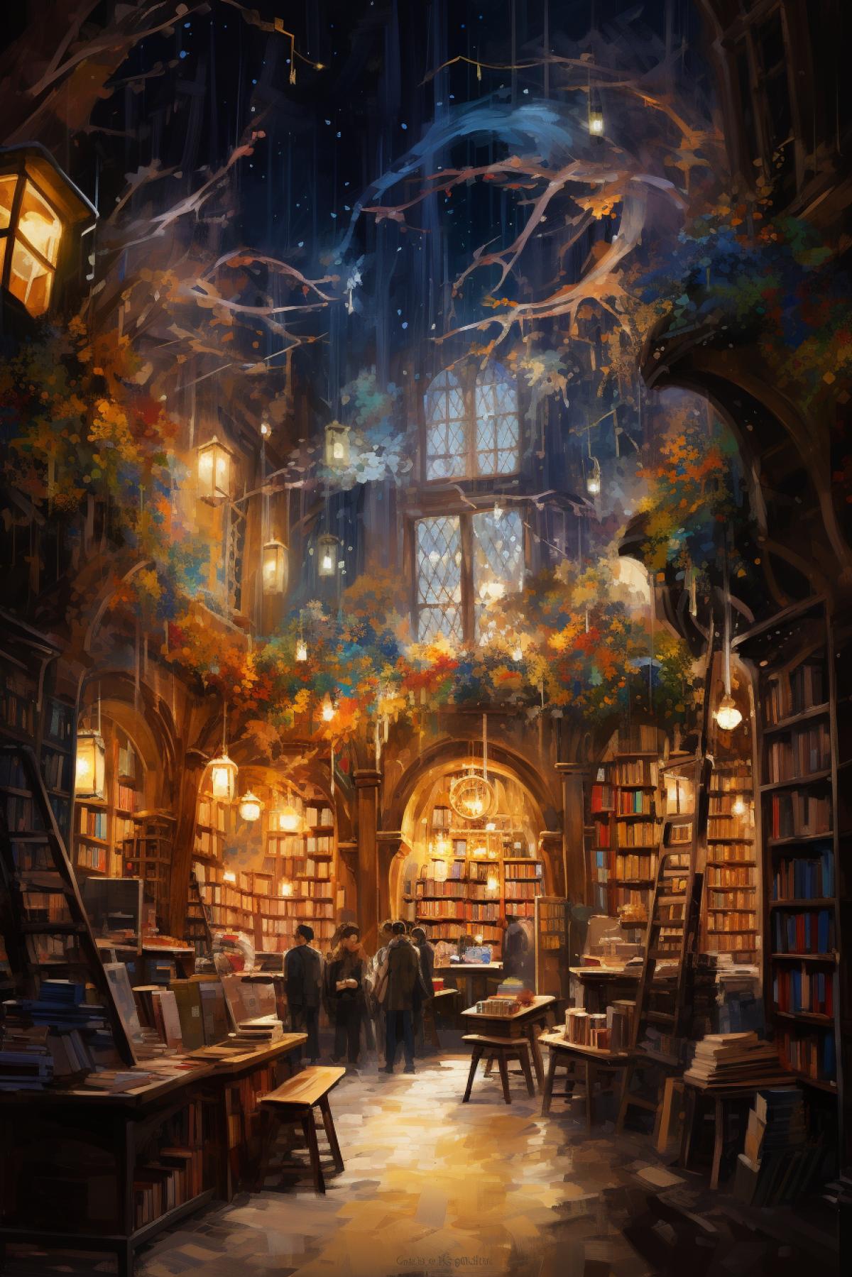 inside of a beautiful magical bookstore, painting by leonid afremov and makoto shinkai, magical bookstore, Harry Potter art, festive, colorful, artistically cluttered, without people