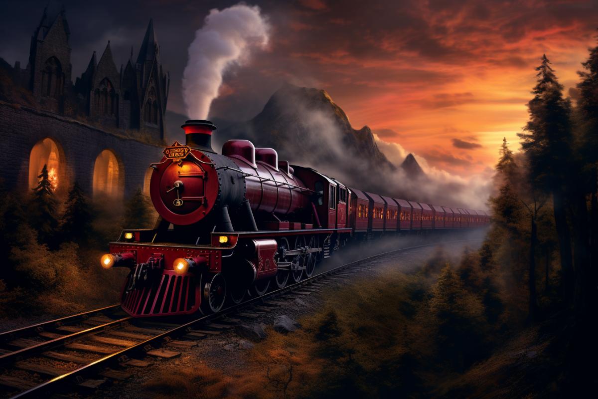 the iconic Hogwarts Express train, with its distinctive red steam engine and passenger carriages